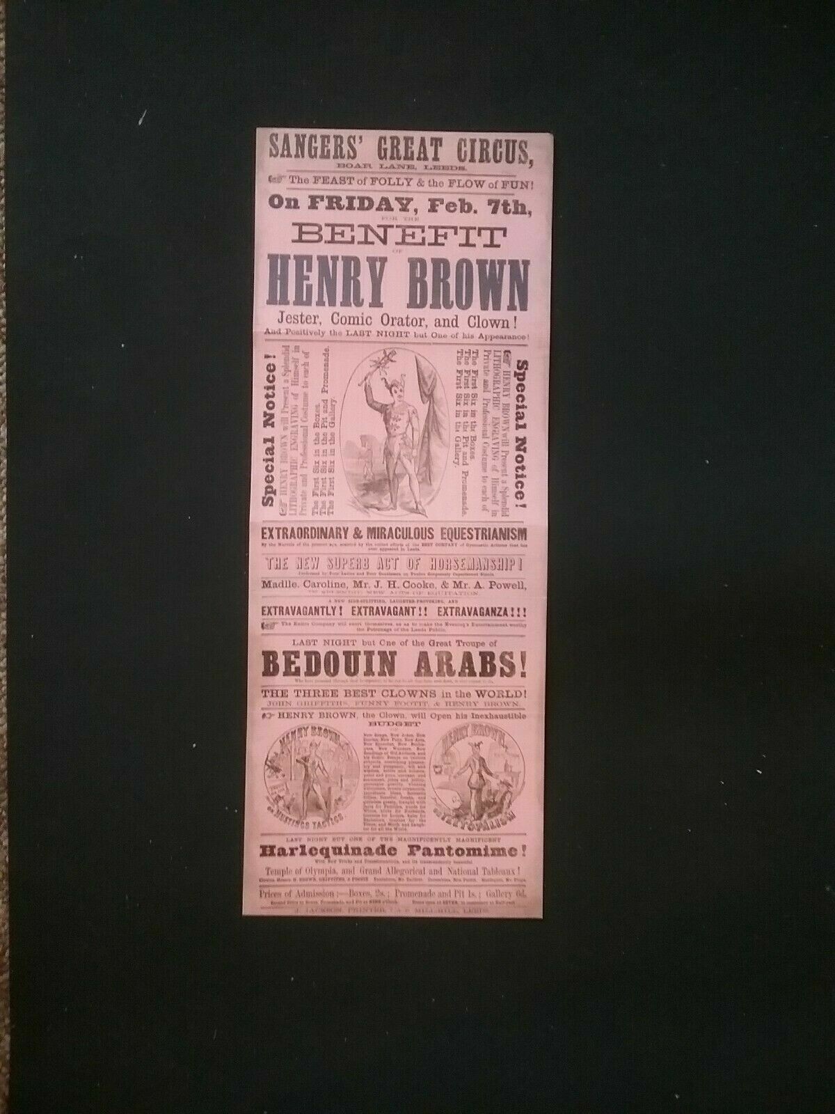 VICTORIAN POSTER , SANGERS GREAT CIRCUS, BOAR LANE , LEEDS , *Reproduction*