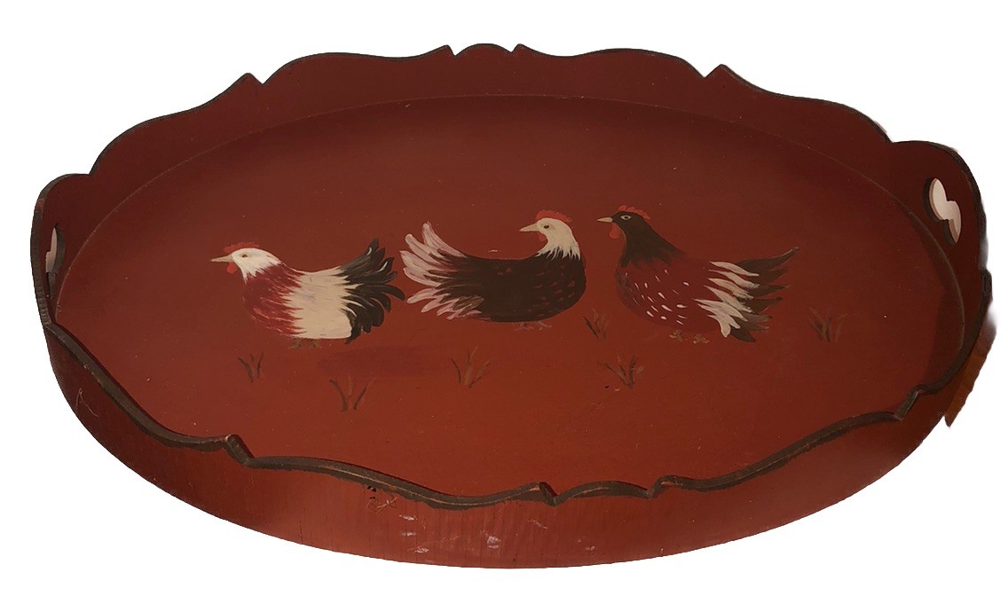 Vintage Fun HP Red Wood Wooden Chicken Hens Farmhouse Serving Tray