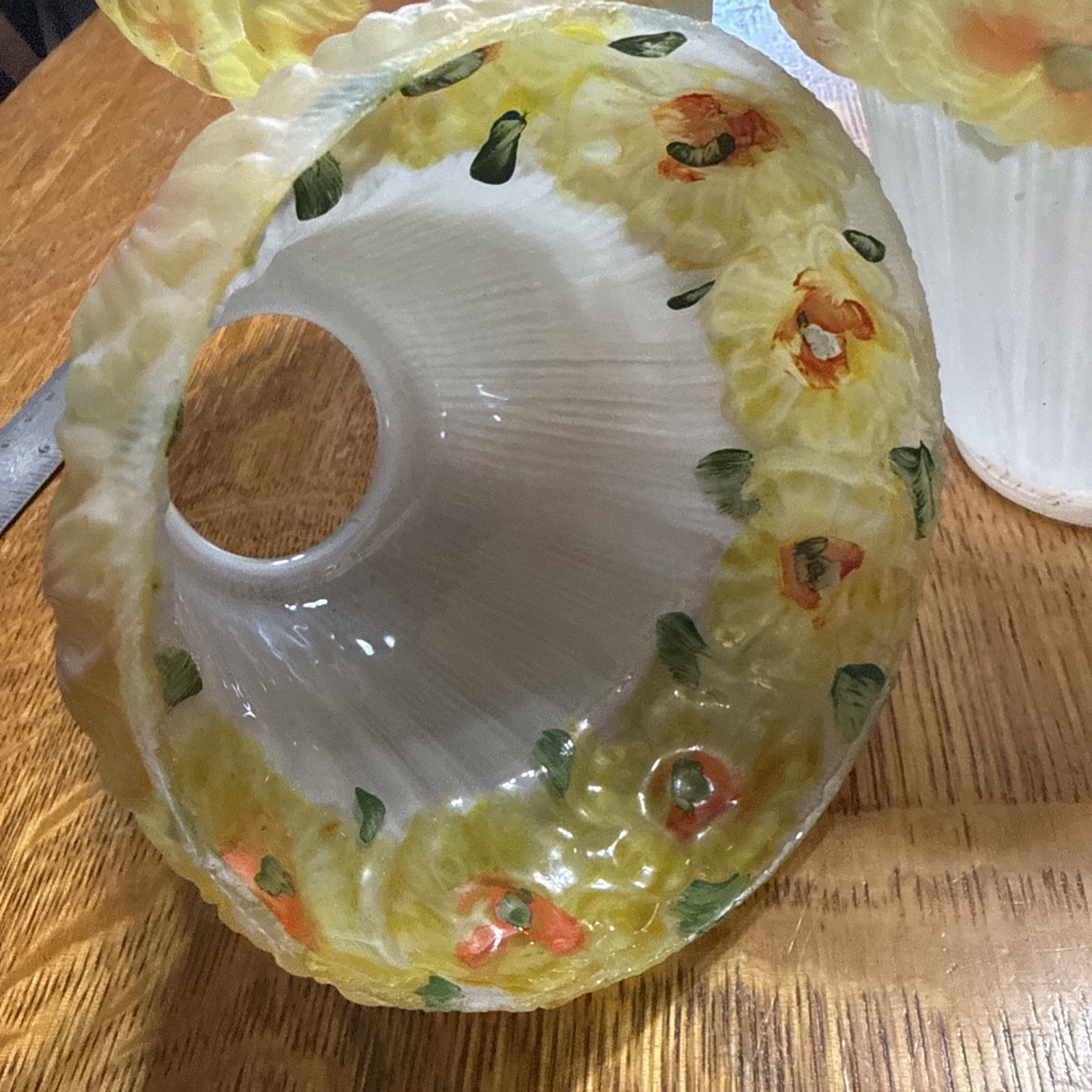 Antique Set 3 Reverse Painted Glass 4 5/8" Shades Yellow Flowers 2-1/4" Fitter