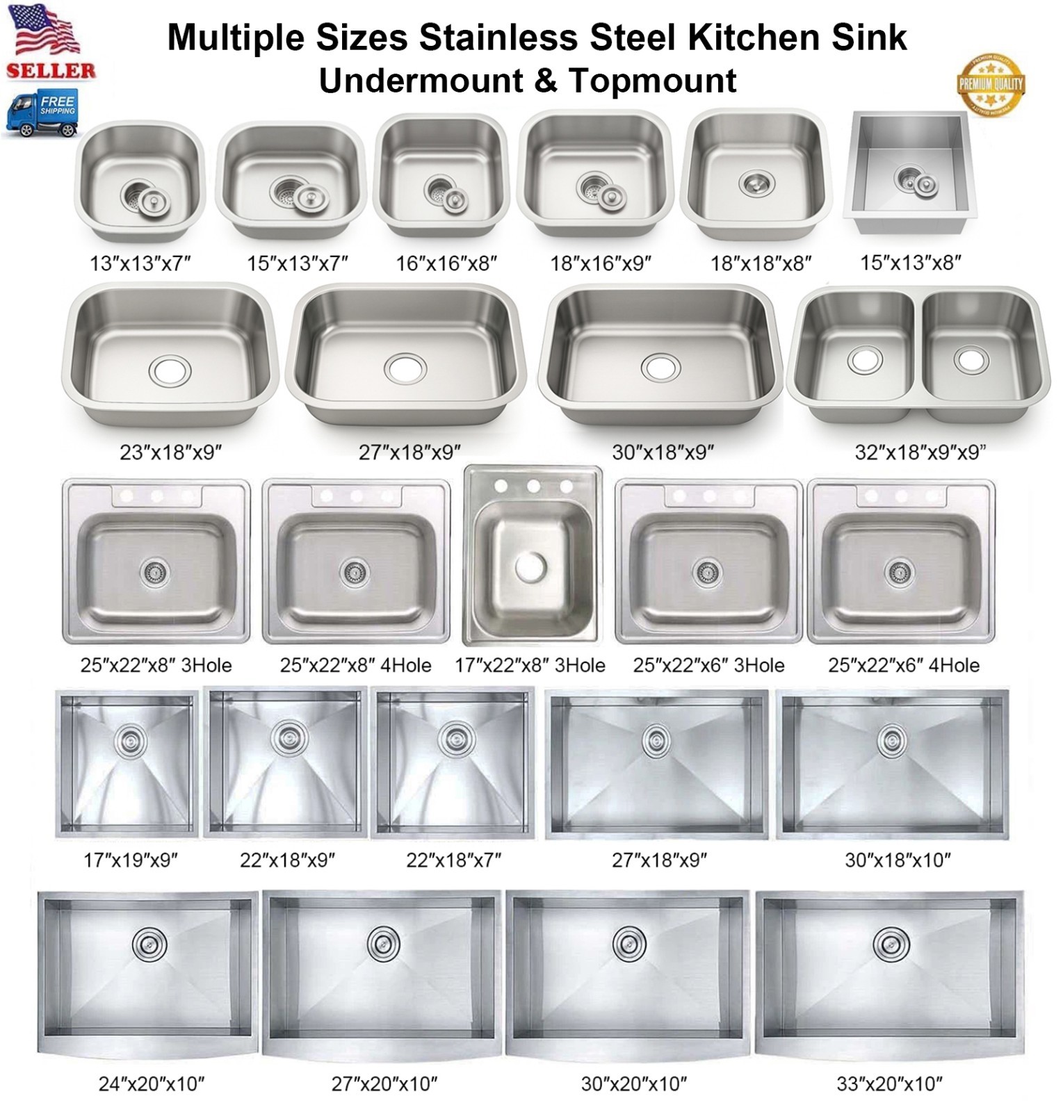 Stainless Steel Single Bowl Topmount / Undermount Kitchen Sink Multiple Size