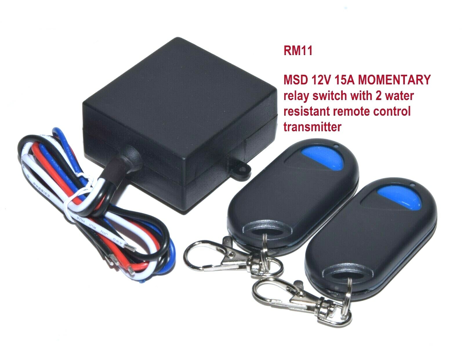 12V 15A Momentary contact switch with 2 wireless remote control key fobs RM11