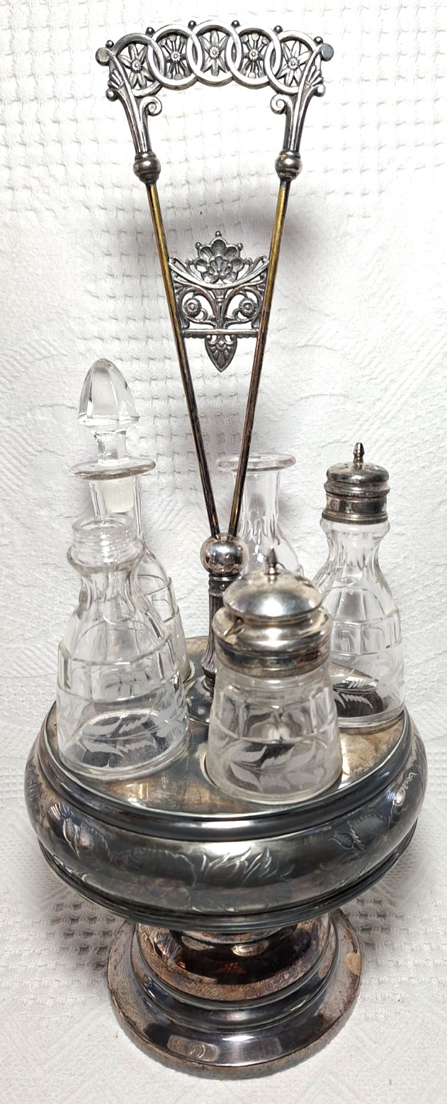 Antique Cruet Set Silver Plate  Victorian 5 Etched Bottles Eastlake Design GS