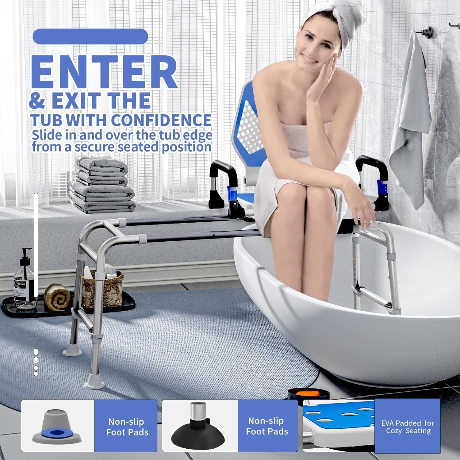 Sliding Shower Chair Swivel Tub Transfer Bench with Backrest and 400lbs Capacity