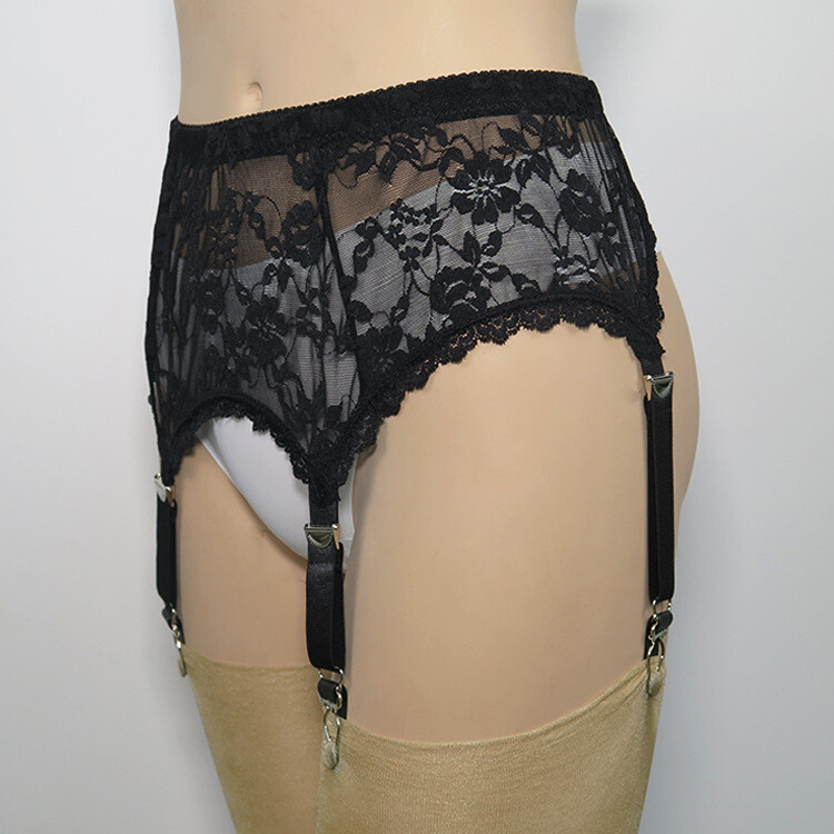 Allacki Black Floral Lace Garter Belt 4 Straps Suspender Belt Plus Size Lingerie