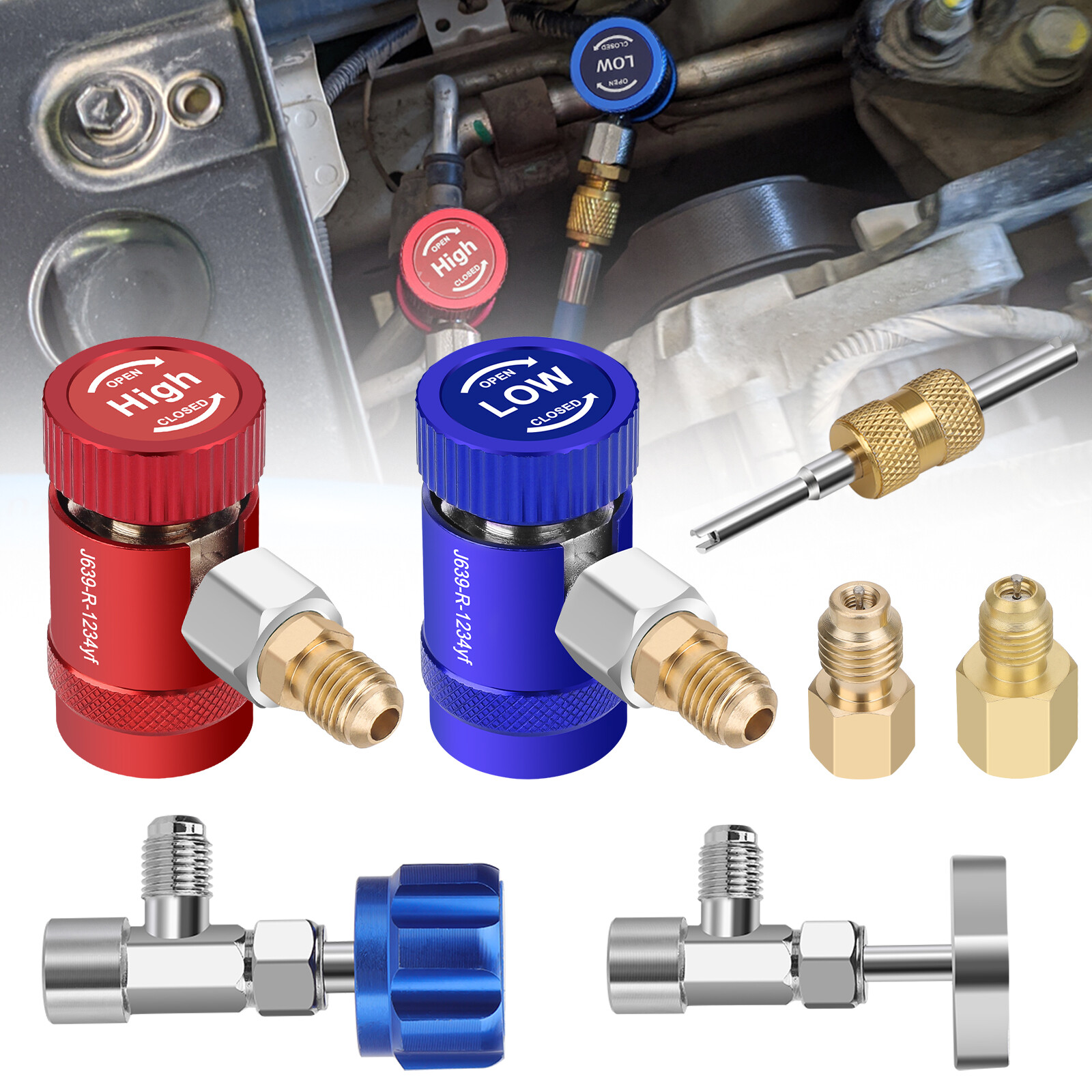 Car A/C R1234YF Quick Coupler Adapter Set with Self-Sealing & Puncture Can Tap