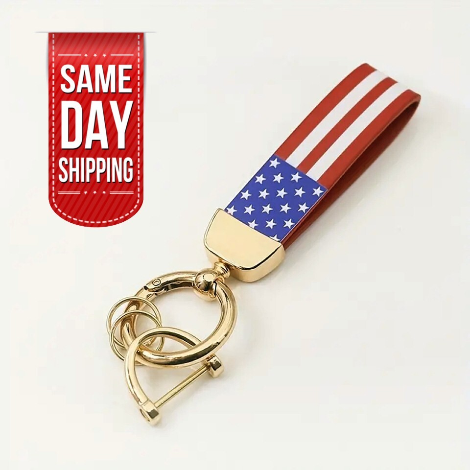 Leather American USA Flag Car Keychain with Zinc Alloy Ring, Tactical Keychain