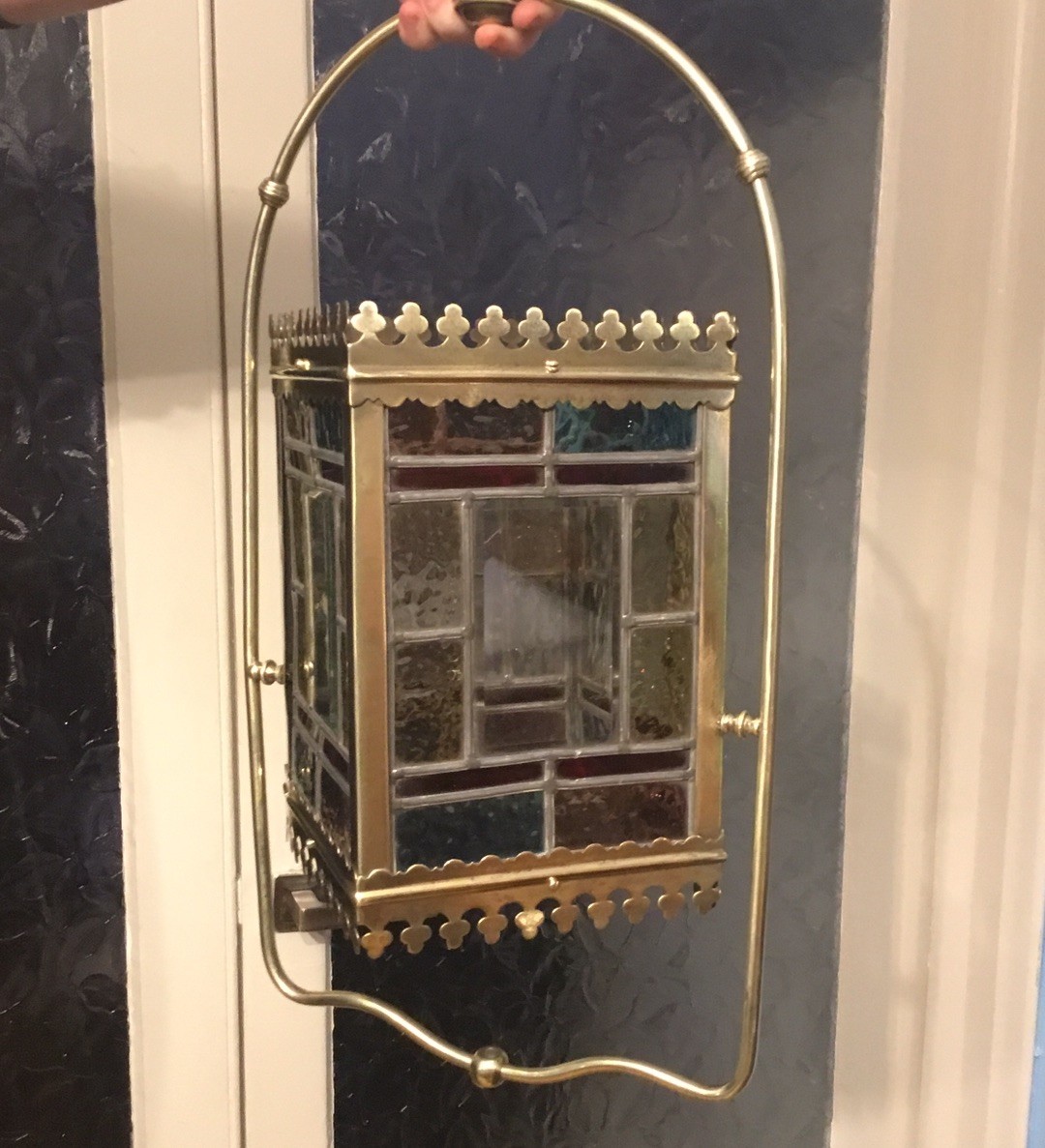 A BEAUTIFUL ANTIQUE BRASS & STAINED GLASS HALL LANTERN ,circa-1870.