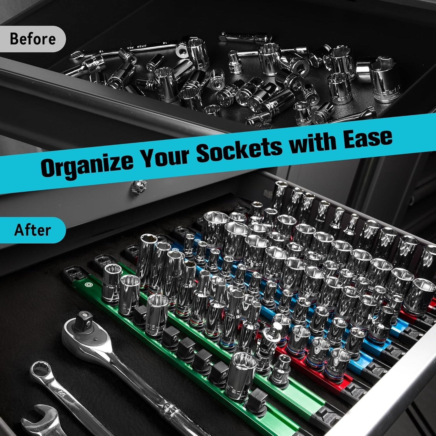 DURATECH 6PCS Magnetic Socket Organizers Set 1/4" 3/8" 1/2" Aluminum Rail Holder