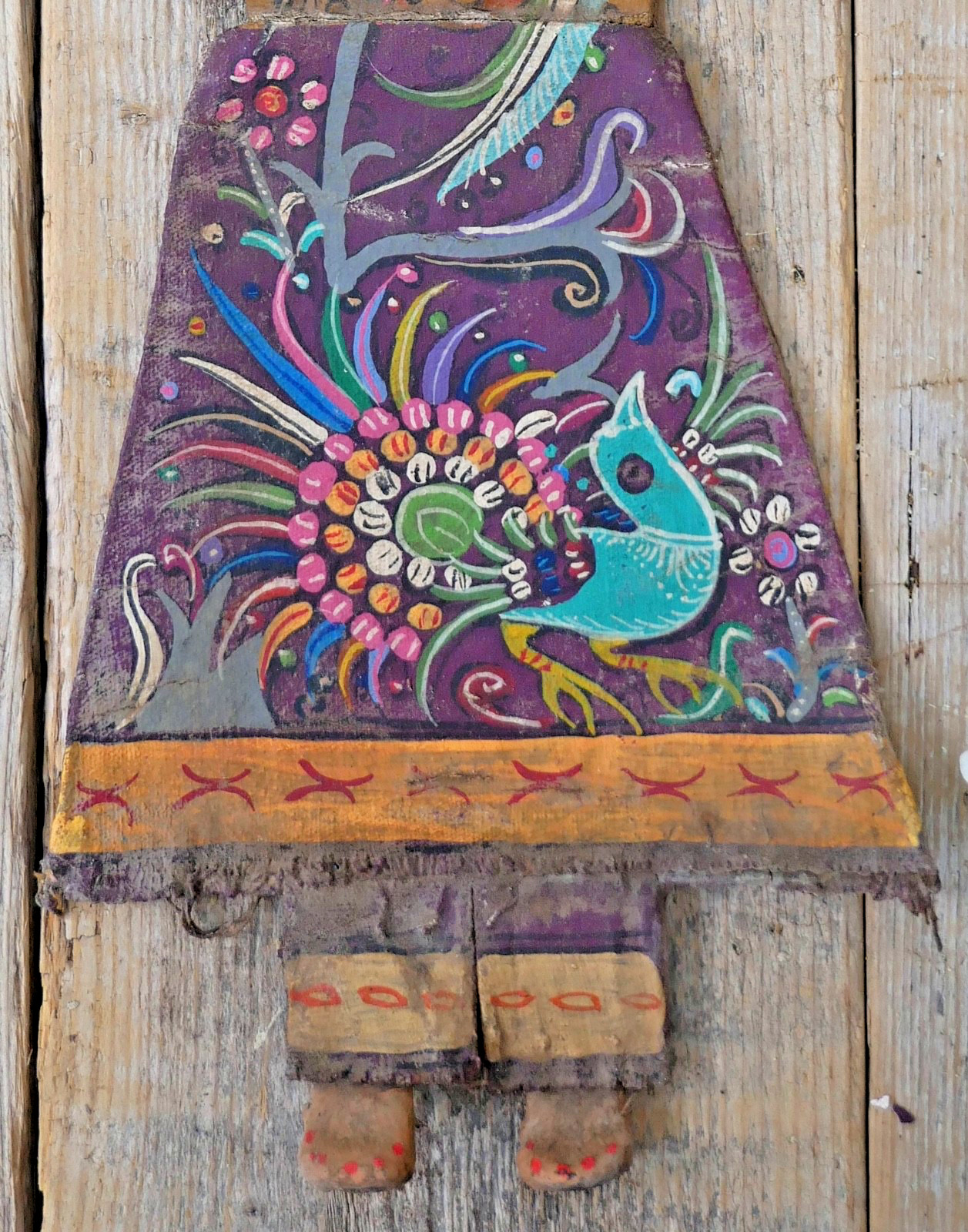 Fruit Girl Canvas Body Coconut Head Distressed Handmade Guerrero Mexico Folk Art