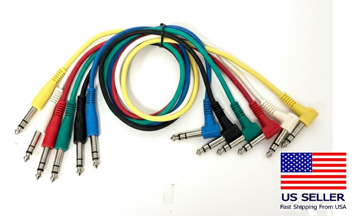 6-Pack Multi Colored 1/4" 90° Elbow TRS 1-4 Ft Patch Cables for Guitar Pedals NW