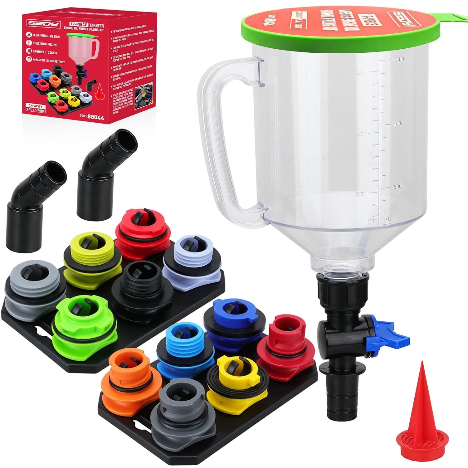 17-Piece Engine Oil Funnel Set 1.36 qt with 12 Adapters Magnetic Storage Trays