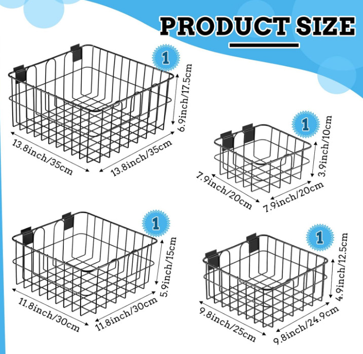 4 PACK! Assorted Heavy Duty Slatwall Baskets, Black Vinyl Coated Steel Storage