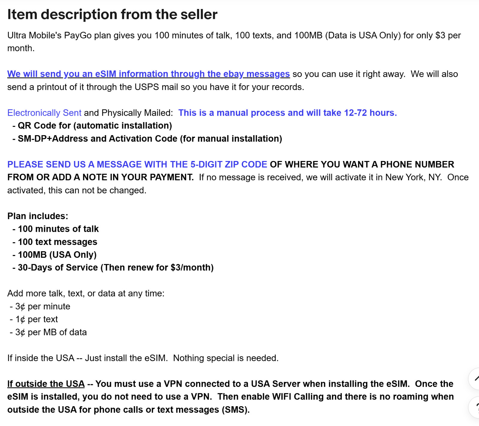 Pre-Activated ** eSIM ** Ultra Mobile PayGo $3/mo. Pay As You Go Talk Text Data