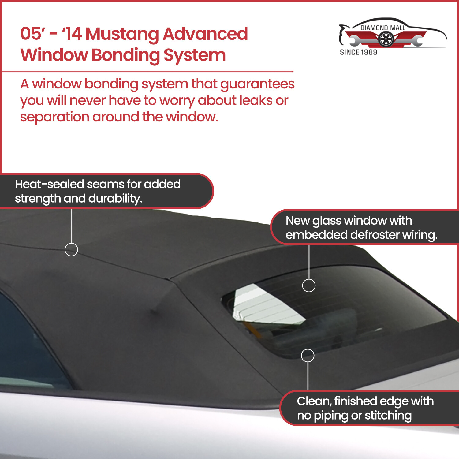 2005-14 Ford Mustang Convertible Soft Top w/ DOT Approved Heated Glass, BURGUNDY