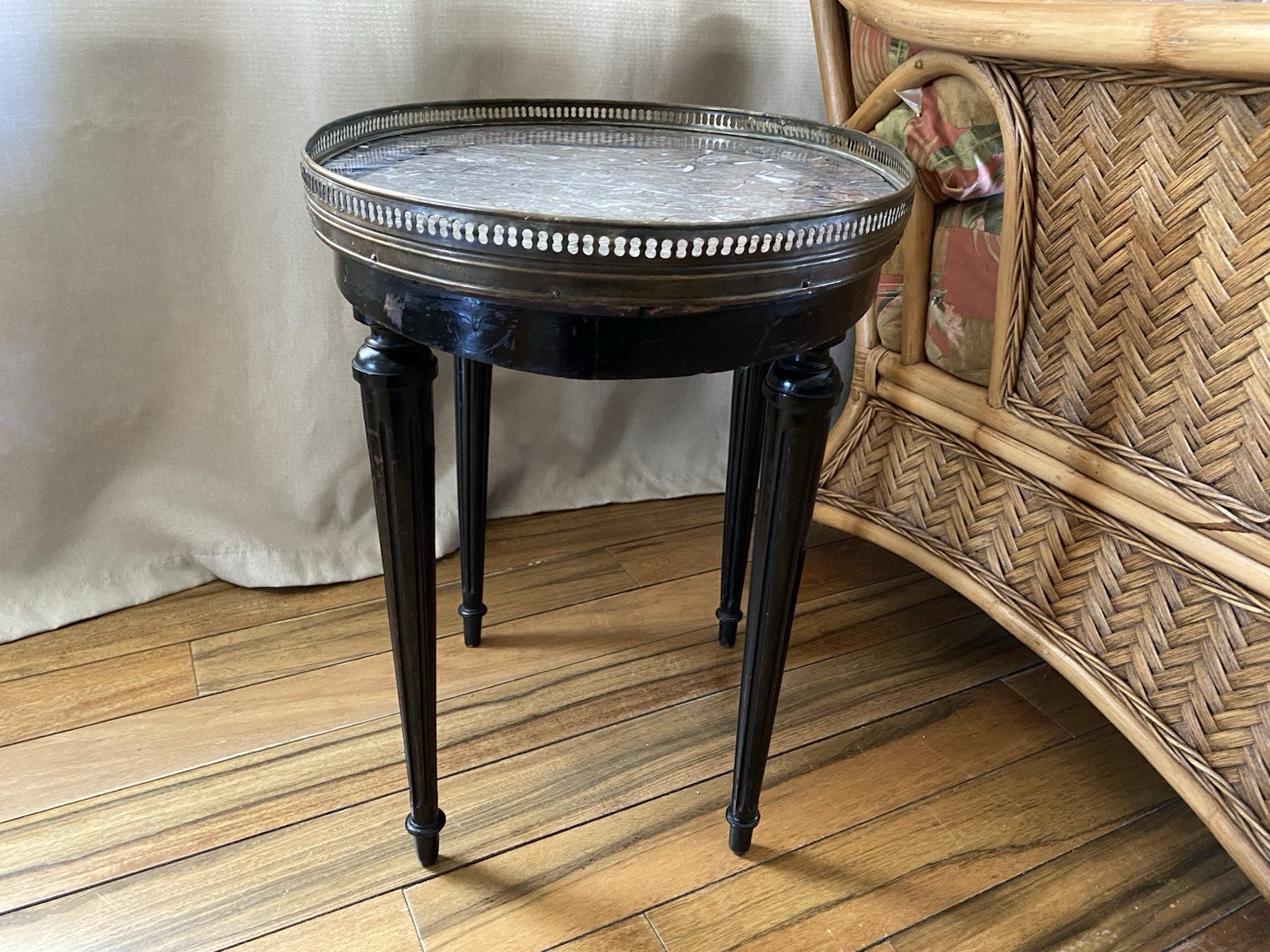 FRENCH Louis XVI Style Small Bouillotte Marble Top And Brass Edge Side Table