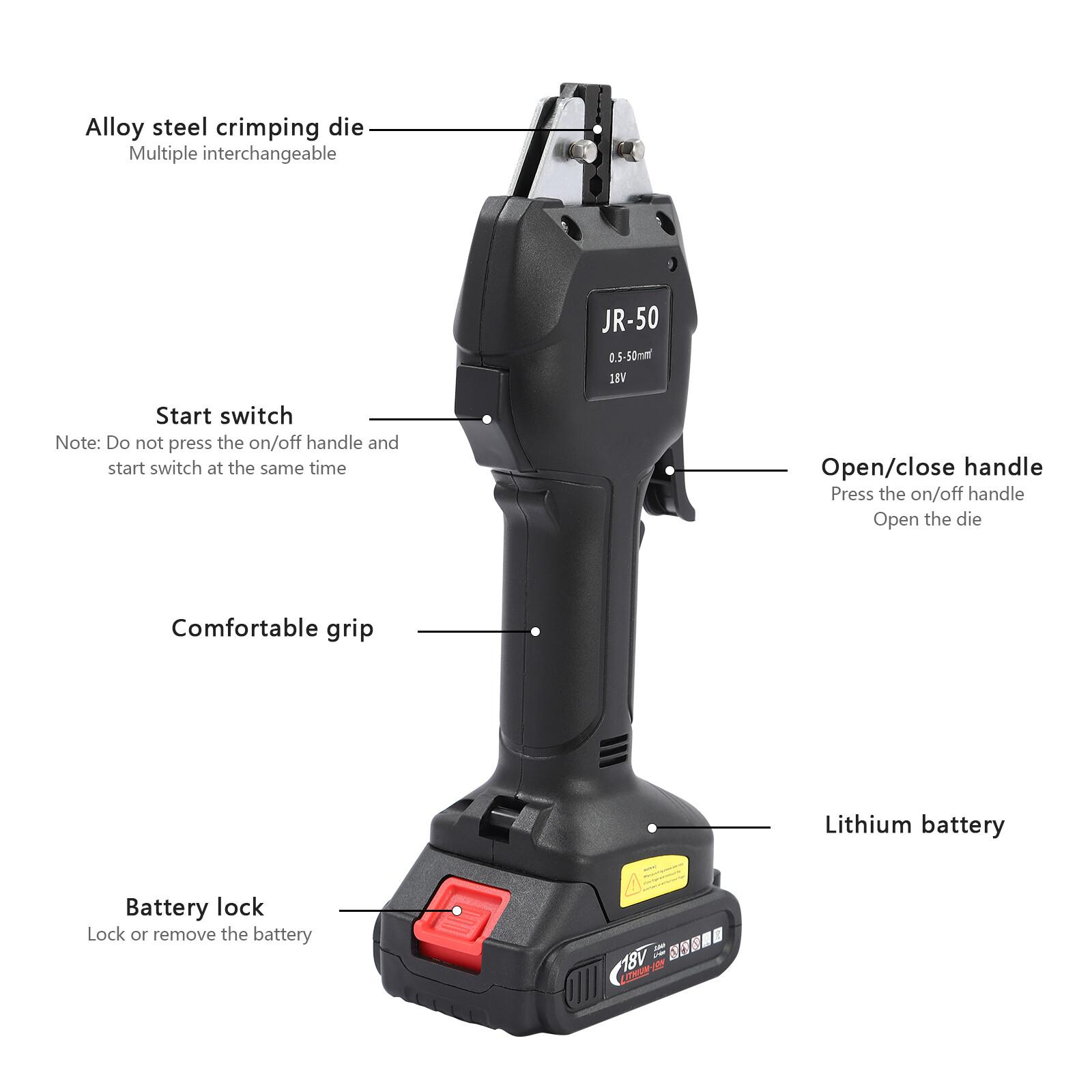 Electric Crimping Pliers Terminal Crimping Tool Rechargeable DC 18V/2Ah Black