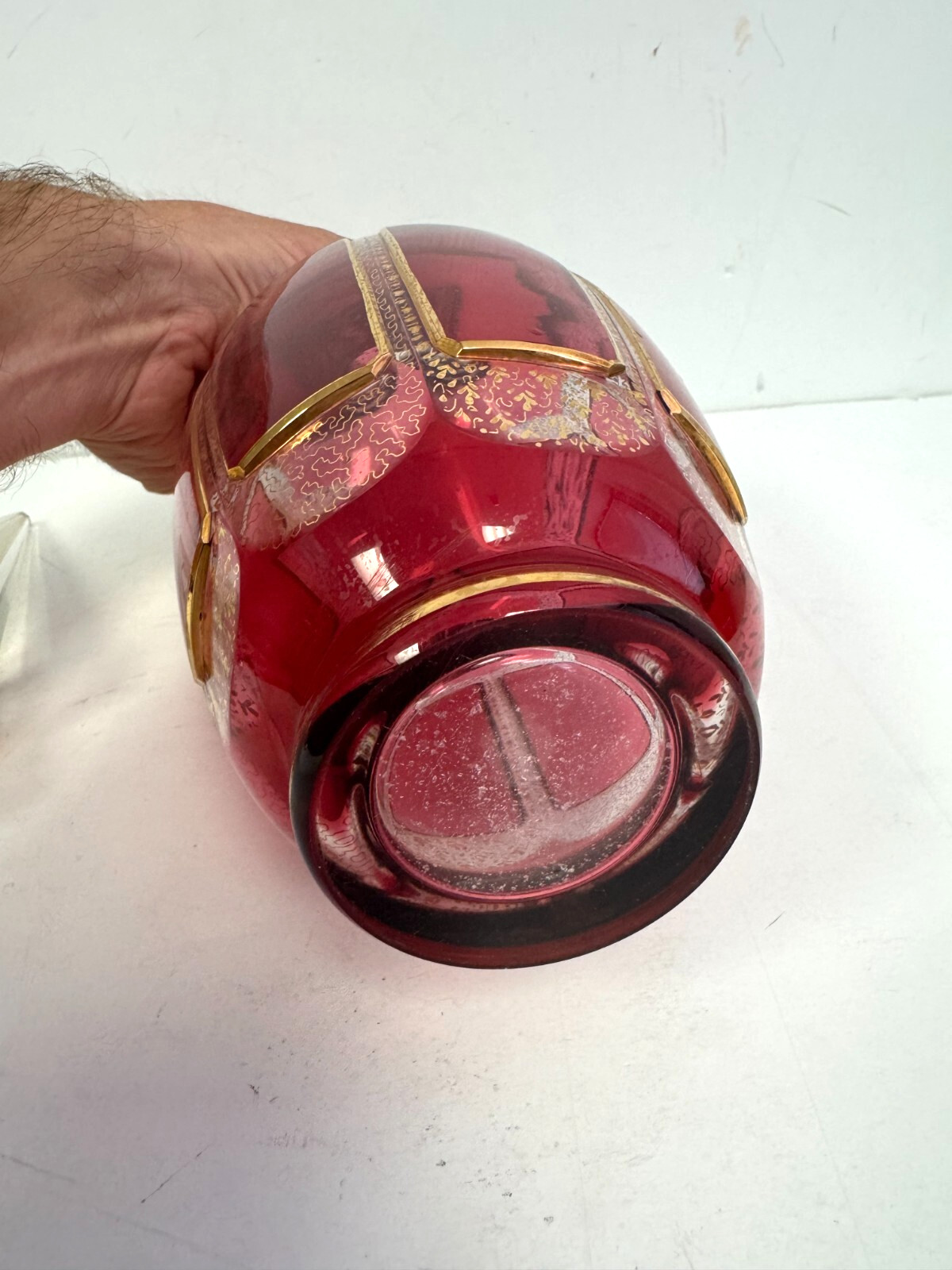 Vintage Bohemian Cranberry Crystal Decanter 18.25" H w/Gold Accents Moser?