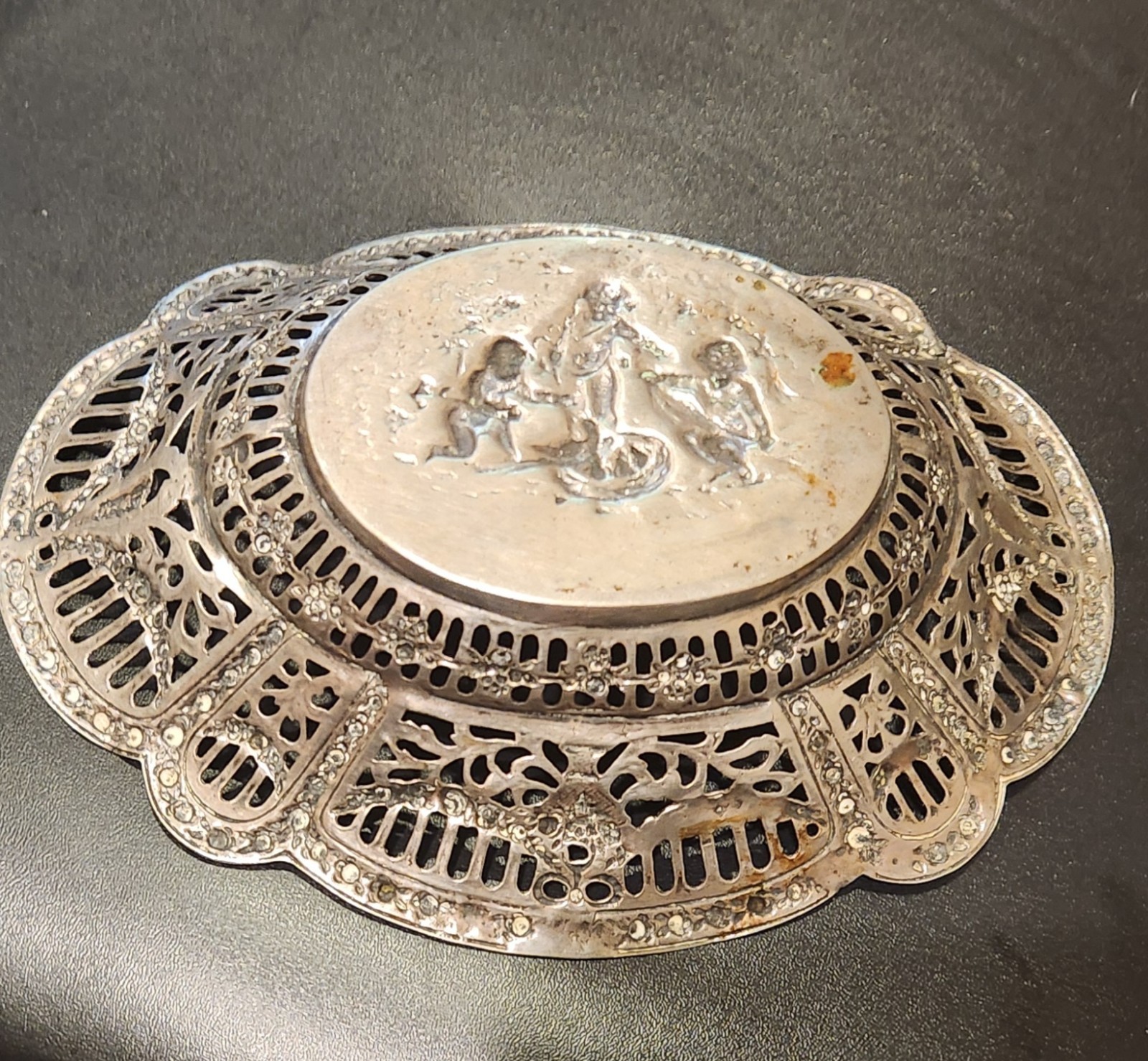 Germany 800 Silver Repousse Openwork Reticulated 7.5" Oval Bowl ~ Cherubs