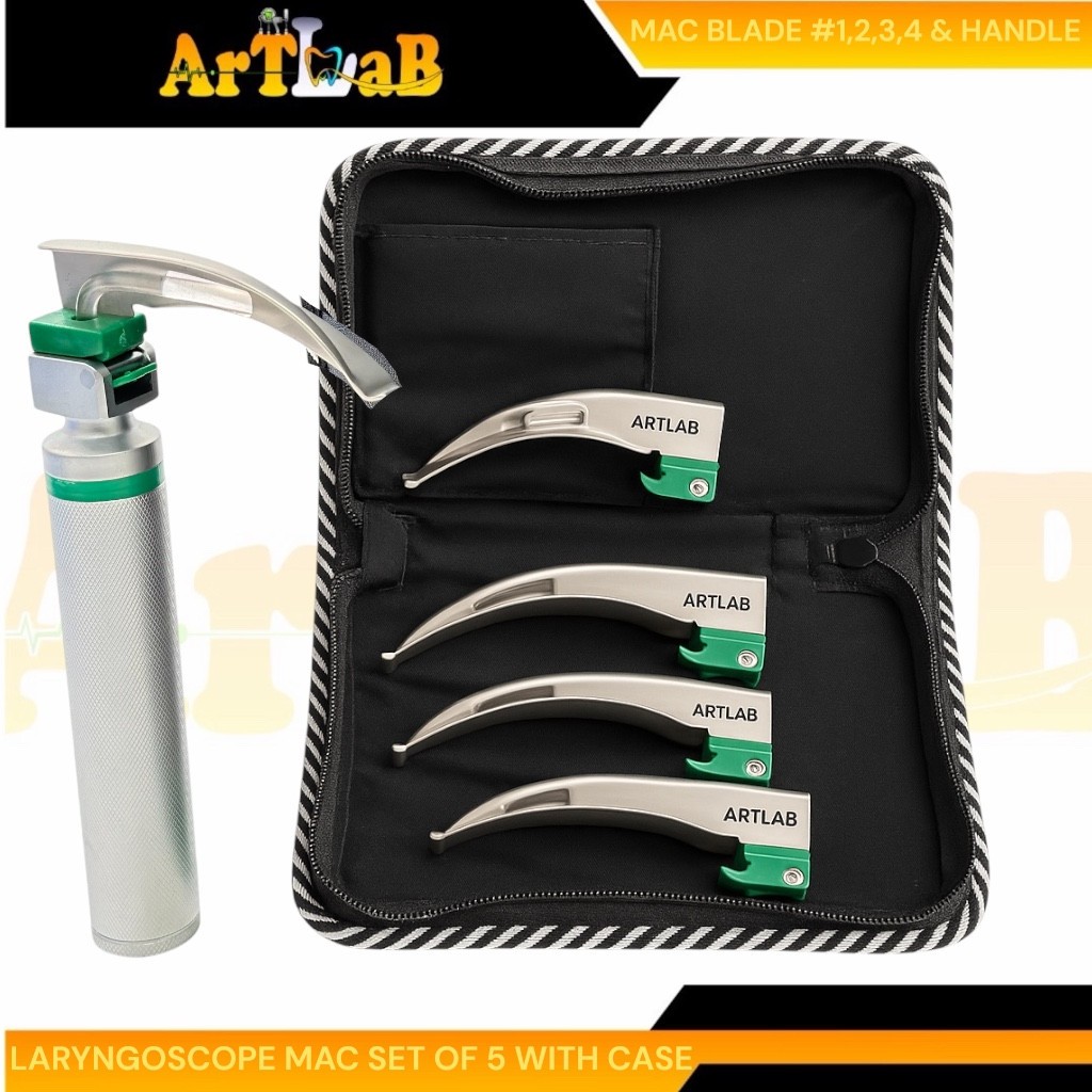 FIBER-OPTIC LARYNGOSCOPE SET OF 4 INTUBATION BLADES 1,2,3,4 + MEDIUM HANDLE
