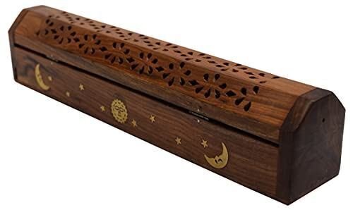 Coffin Style Wood Incense Burner Holder with Sun and Moon Inlays for Incense Sti
