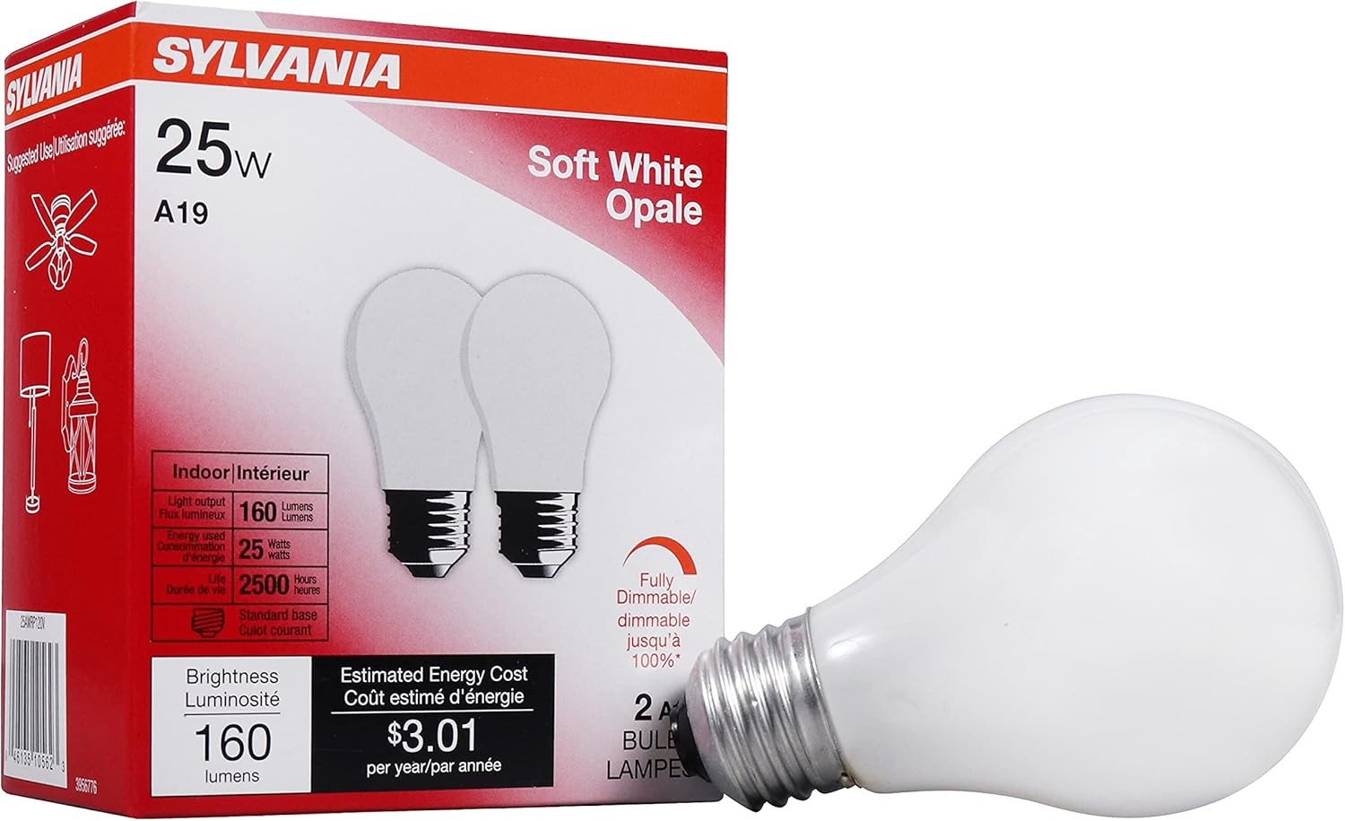 Sylvania Incandescent Light Bulb, 25W A19, Dimmable, Medium Base, 160 Lumens, 28