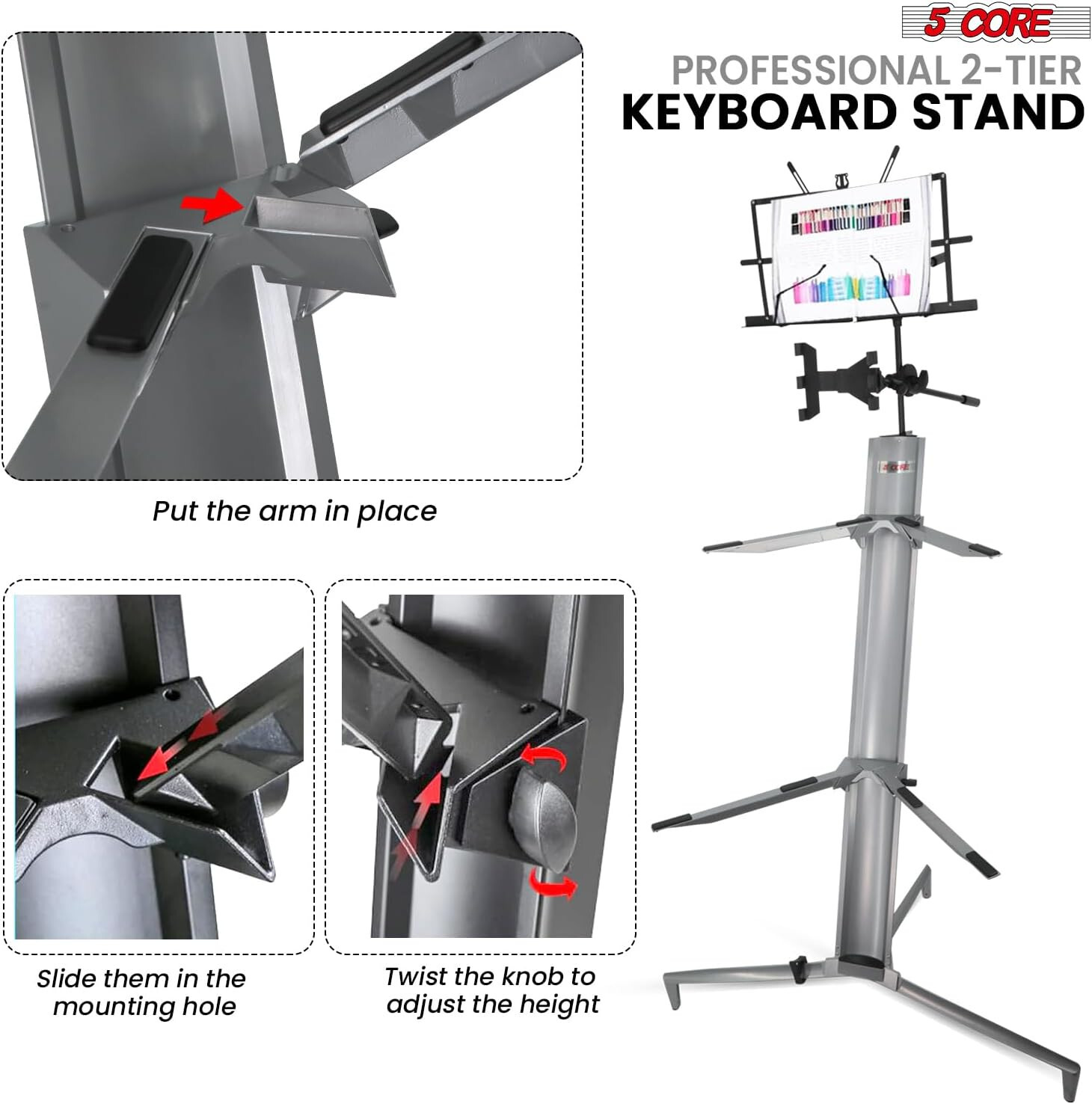 5Core 2-Tier Aluminum Column Keyboard Stand w/Bag, Mic Boom Arm & Sheet Stand