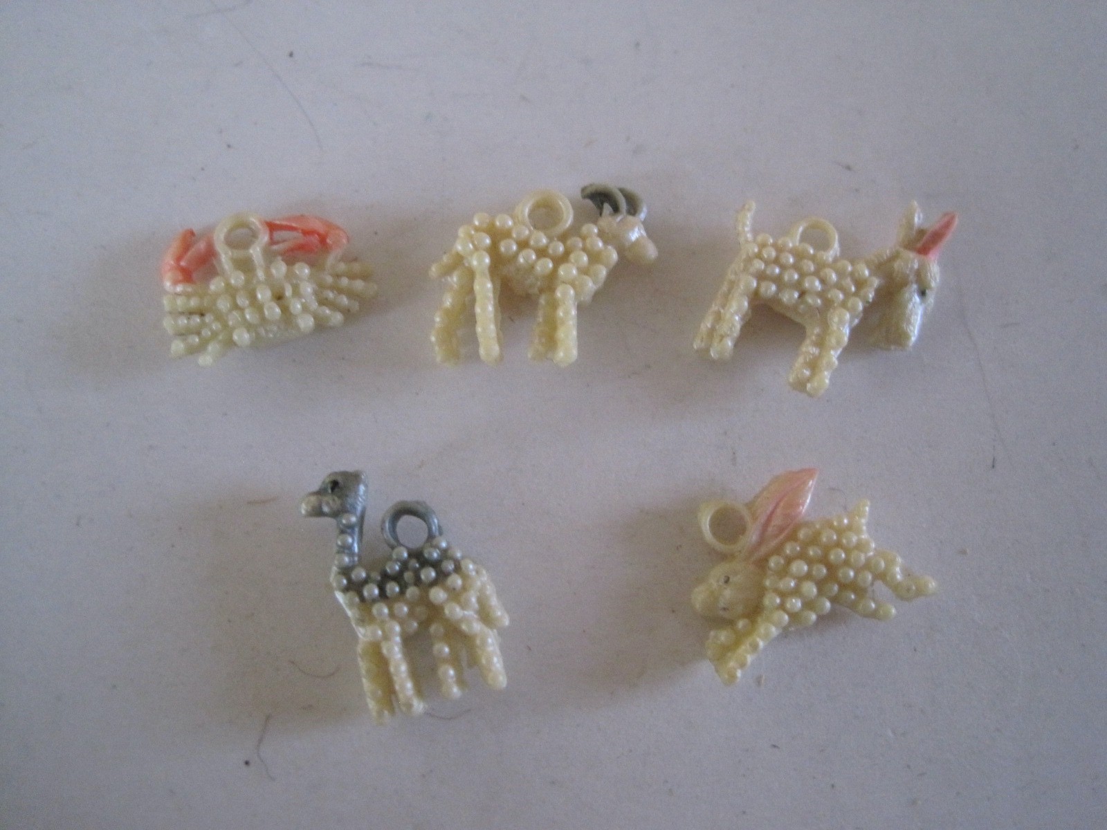 Cracker Jack Prizes Vintage Celluloid Bead Crab Lllama Bunny Donkey Goat Set 5