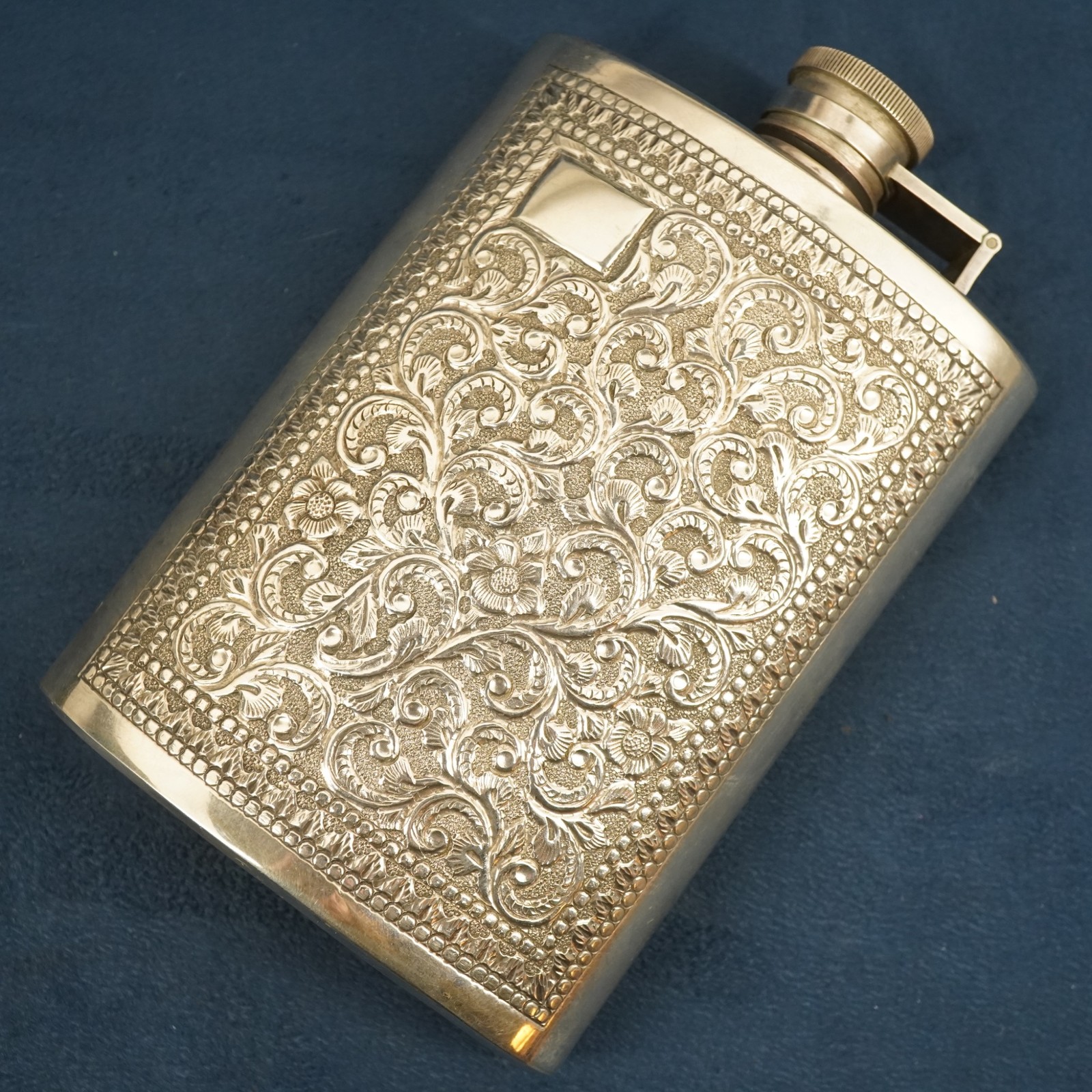 Vintage Embossed Sterling Silver Hip Flask, 196.8g - Free Shipping USA