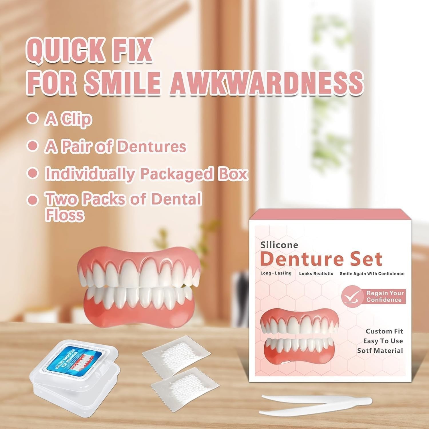 Silicone Dentures for Men & Women, Upper & Lower False Teeth, Natural Shade Smil