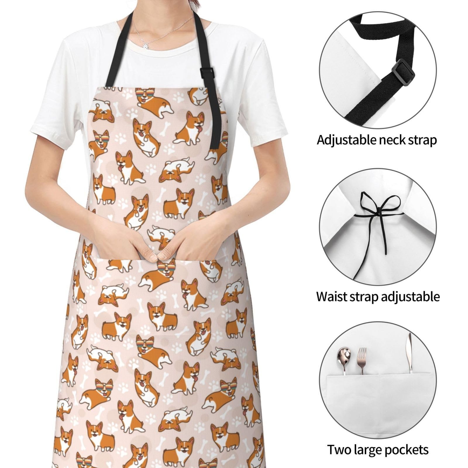 Corgi Kitchen Apron with Pockets Adjustable Neck for Adults