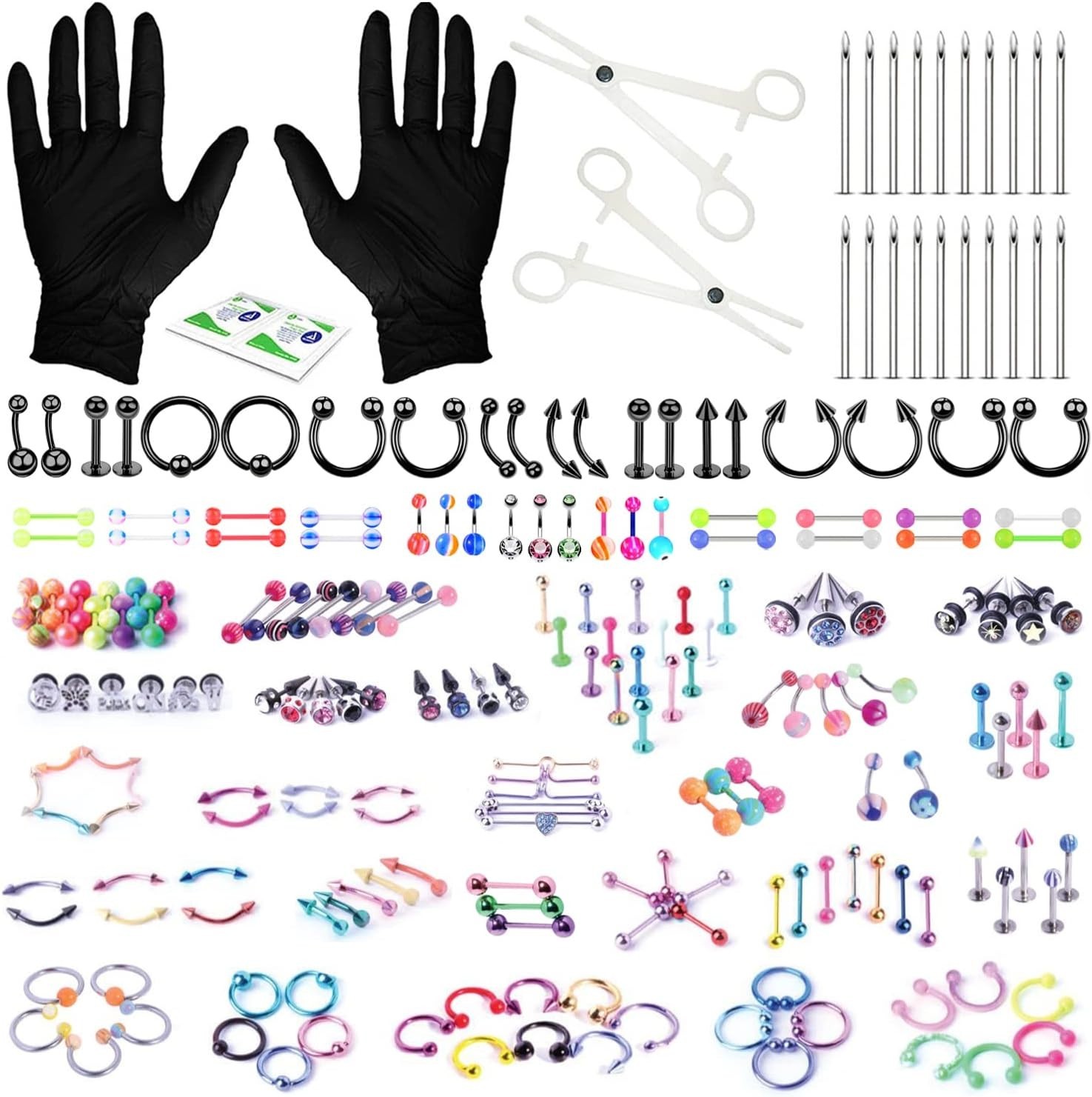 Deluxe 156PC Body Piercing Set - Horseshoe Ring Hoop Barbell