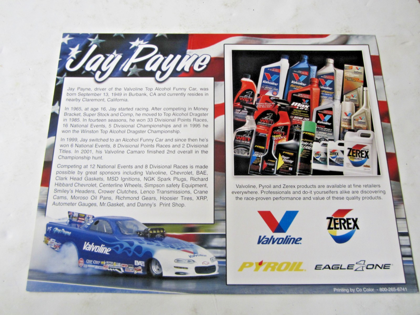NHRA 2002 Jay Payne #2 Valvoline Camaro T/A Funny Car Racing Card Handout