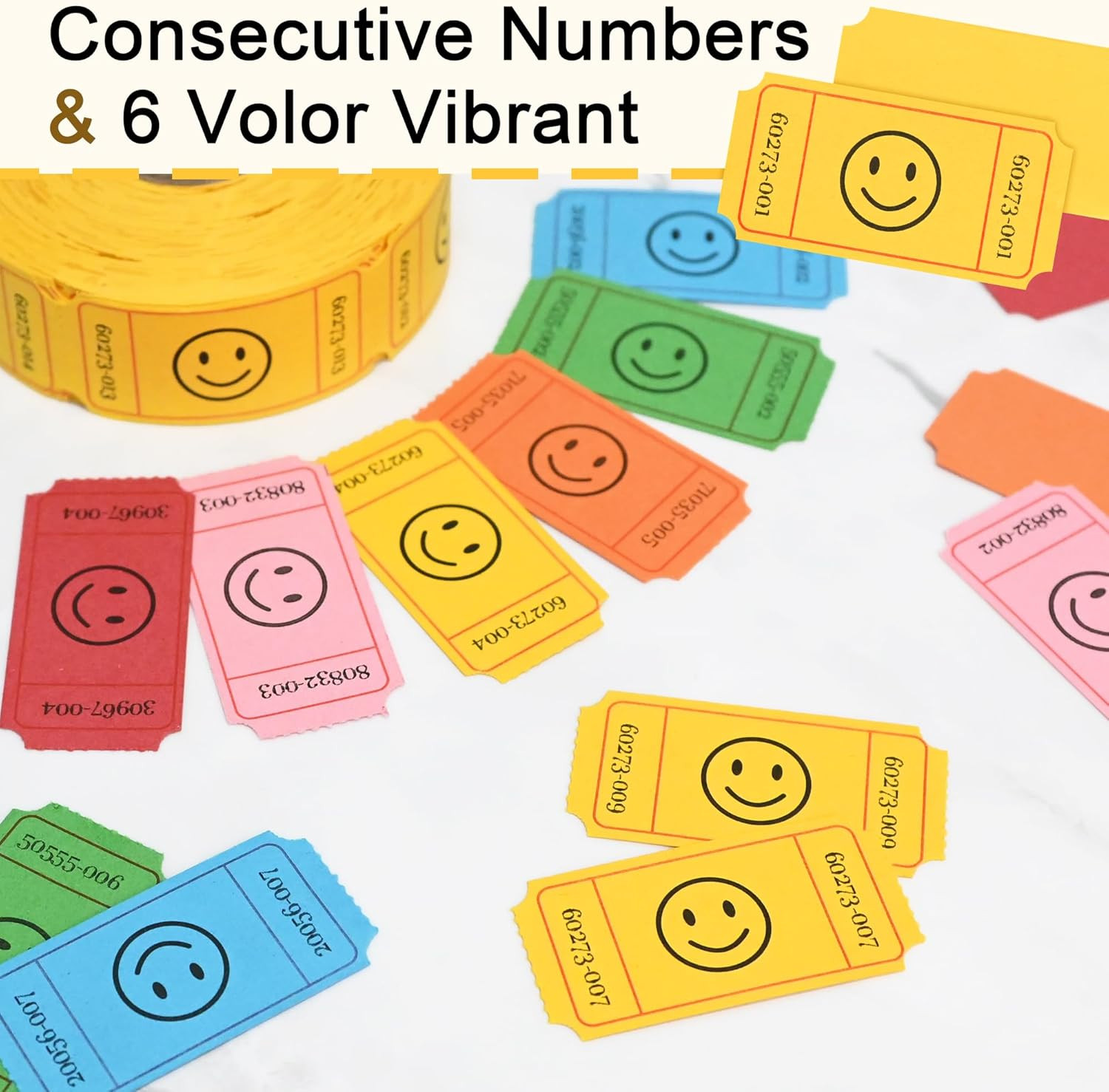 500 Raffle Tickets, Smile,Yellow(6 Color Selection), Single Roll, Ticket for Eve