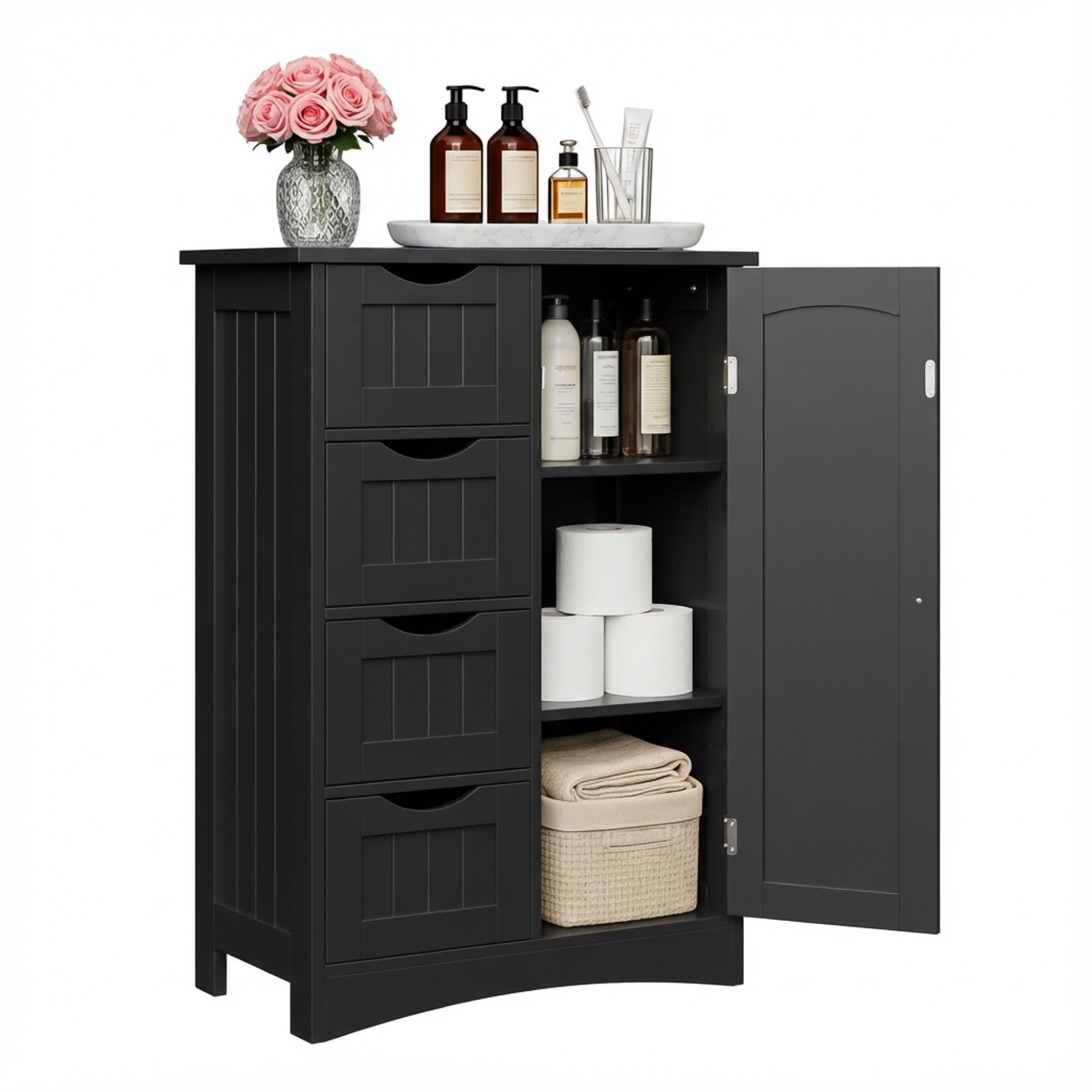 Bathroom Floor Storage Cabinet w/4 Drawers Adjustable Shelves Freestanding Black