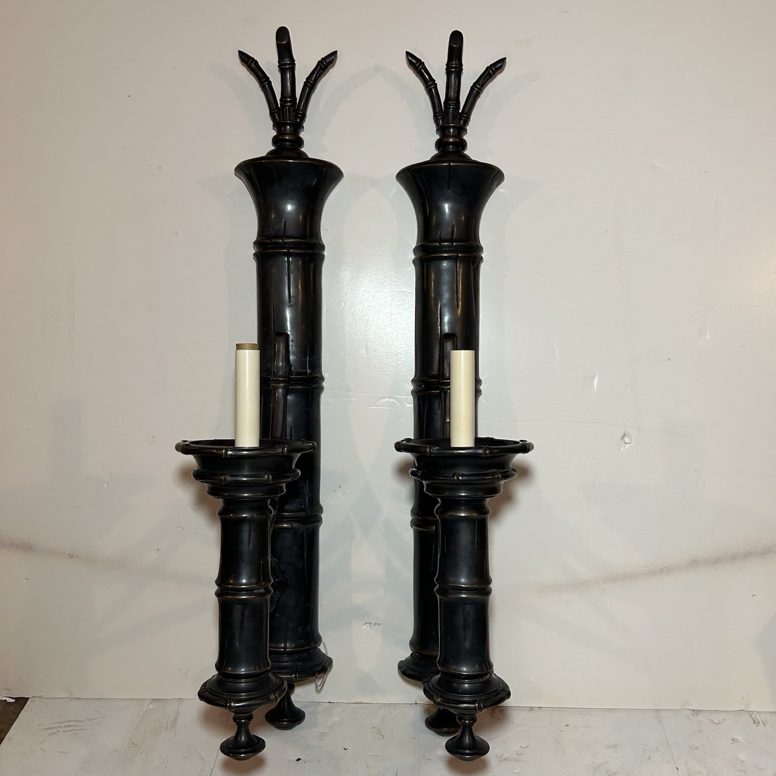 PAIR Vintage Decorative Arts Inc HUGE 31.75” Bronze / Brass Bamboo Wall Sconces