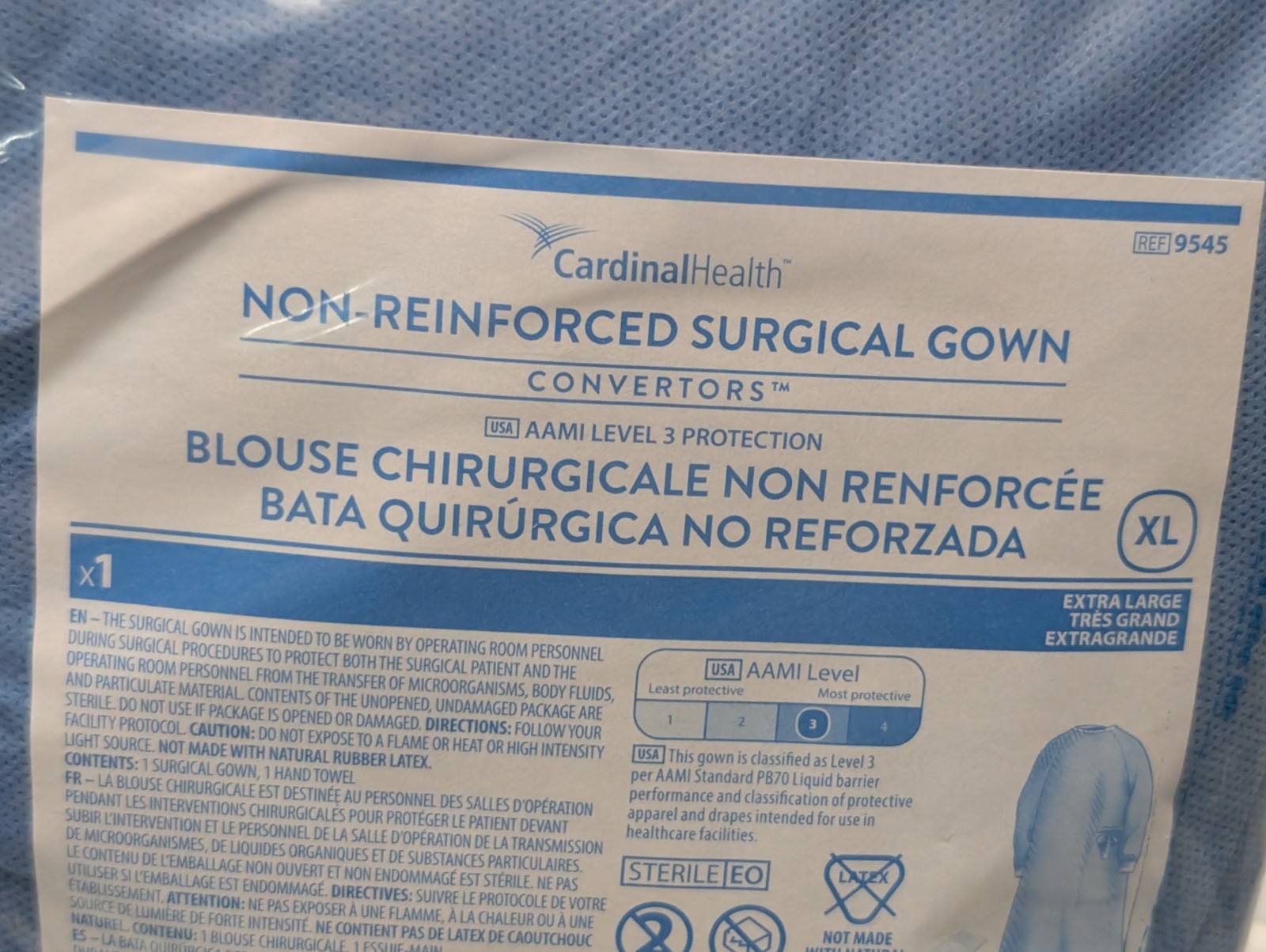 Mixed Lot of 4: Cardinal Health 9545 (x3), Halyard 99285 (x1) XL Surgical Gowns