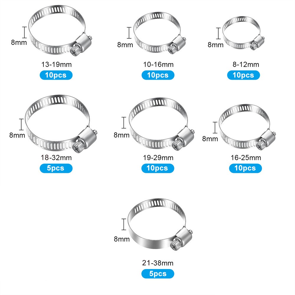 130PC Adjustable Hose Clamps Worm Gear Stainless Steel Clamp Assortment 7 Sizes