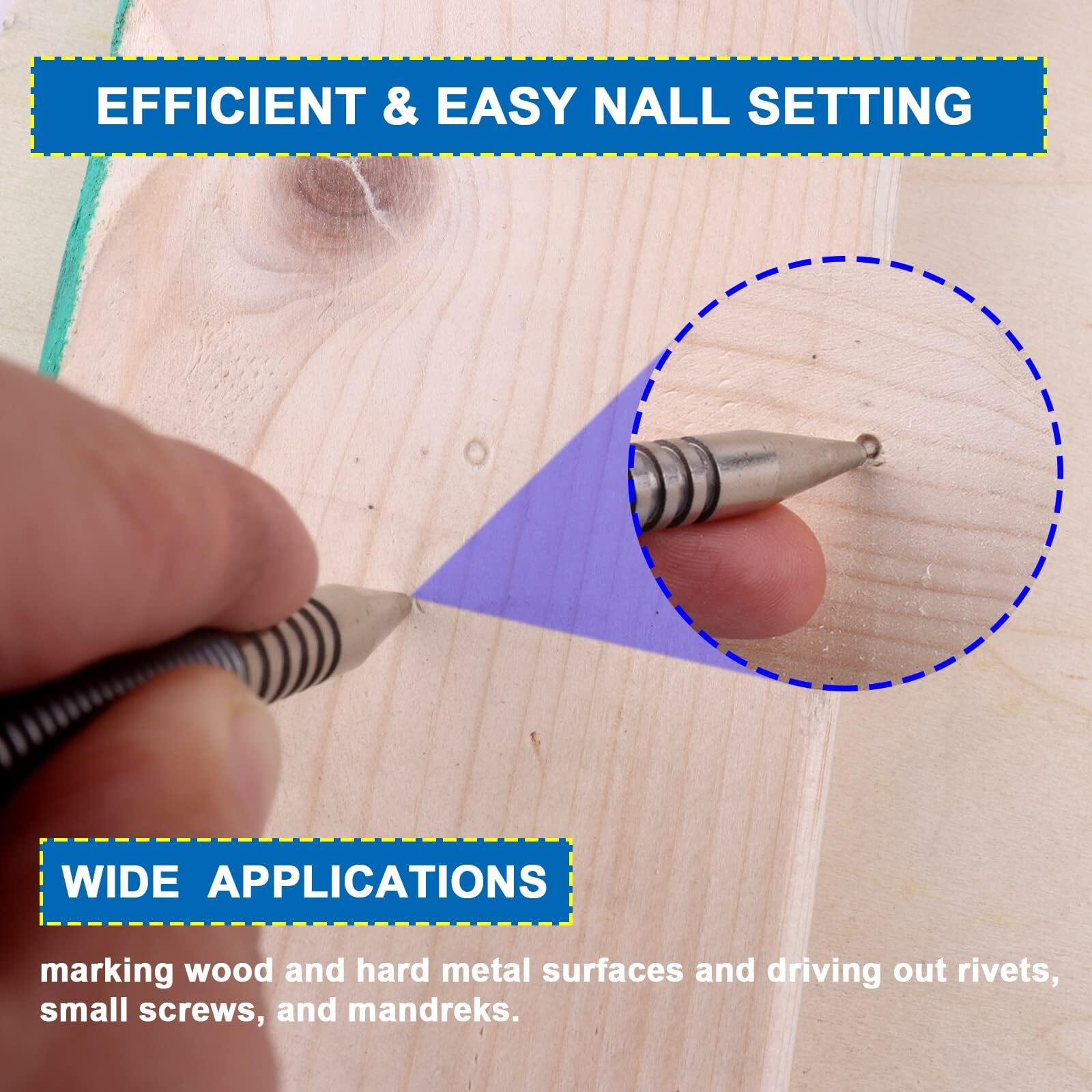 4Pcs Spring Loaded Nail Set Tool, Hammerless Center Punch for Trim Carpentry