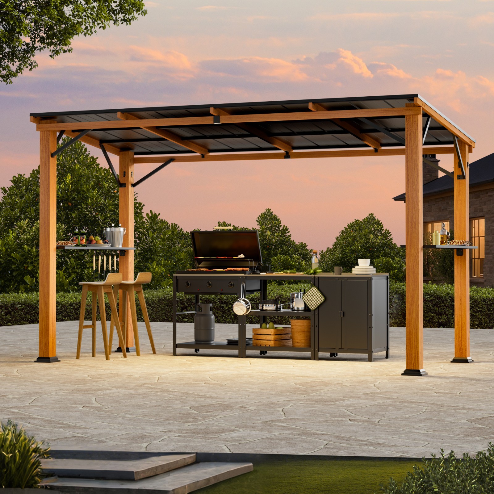 6'x12' Wooden Hardtop Grill Gazebo Steel Roof with Side Shelf and Bottle Opener