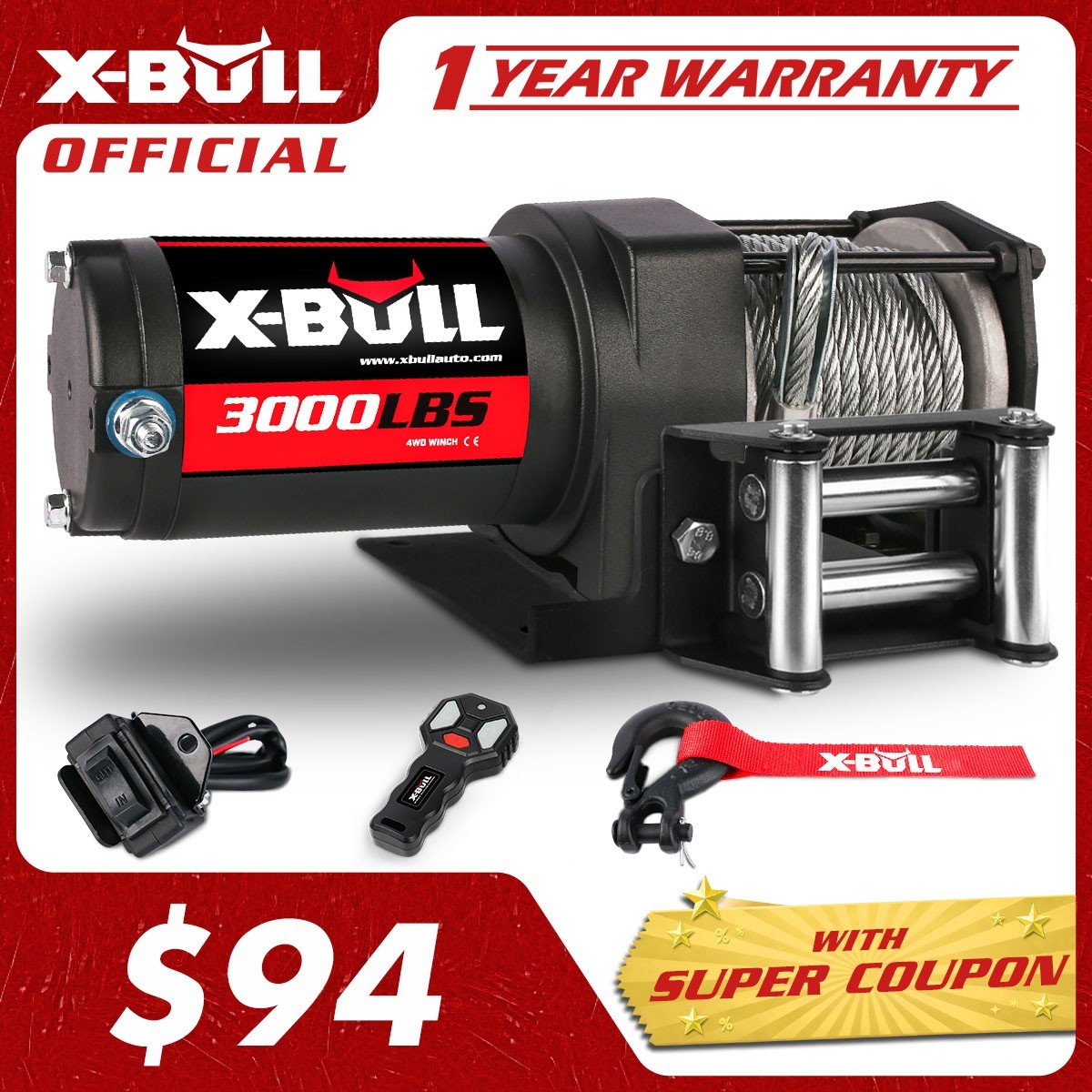 X-BULL 3000LBS ATV Electric Winch 12V Steel Cable Off-Road UTV Small Winch Kit