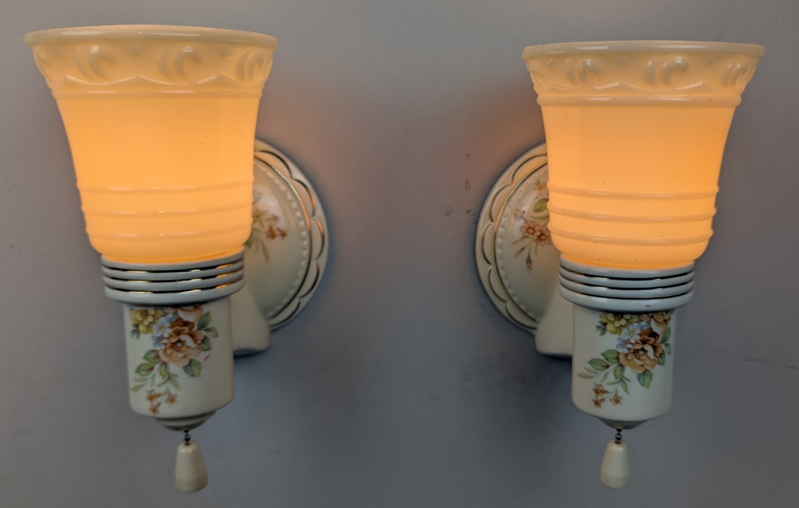 Restored Pair Porcelier Art Deco-MCM Porcelain Sconces, Glass Shades, Excellent!