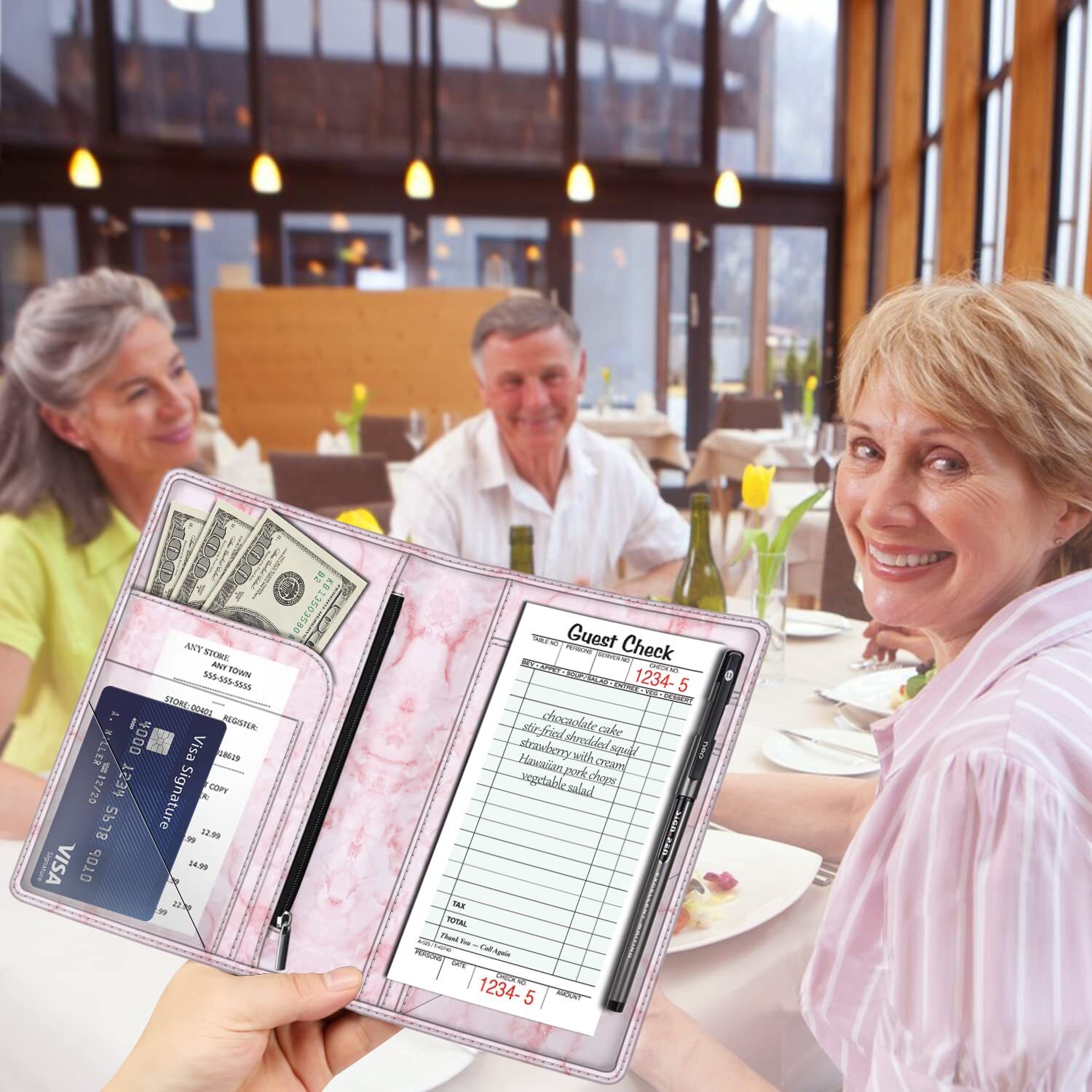 Server Book PU Leather Book Organizer Wallet Zipper Pocket for Waitress Waiters