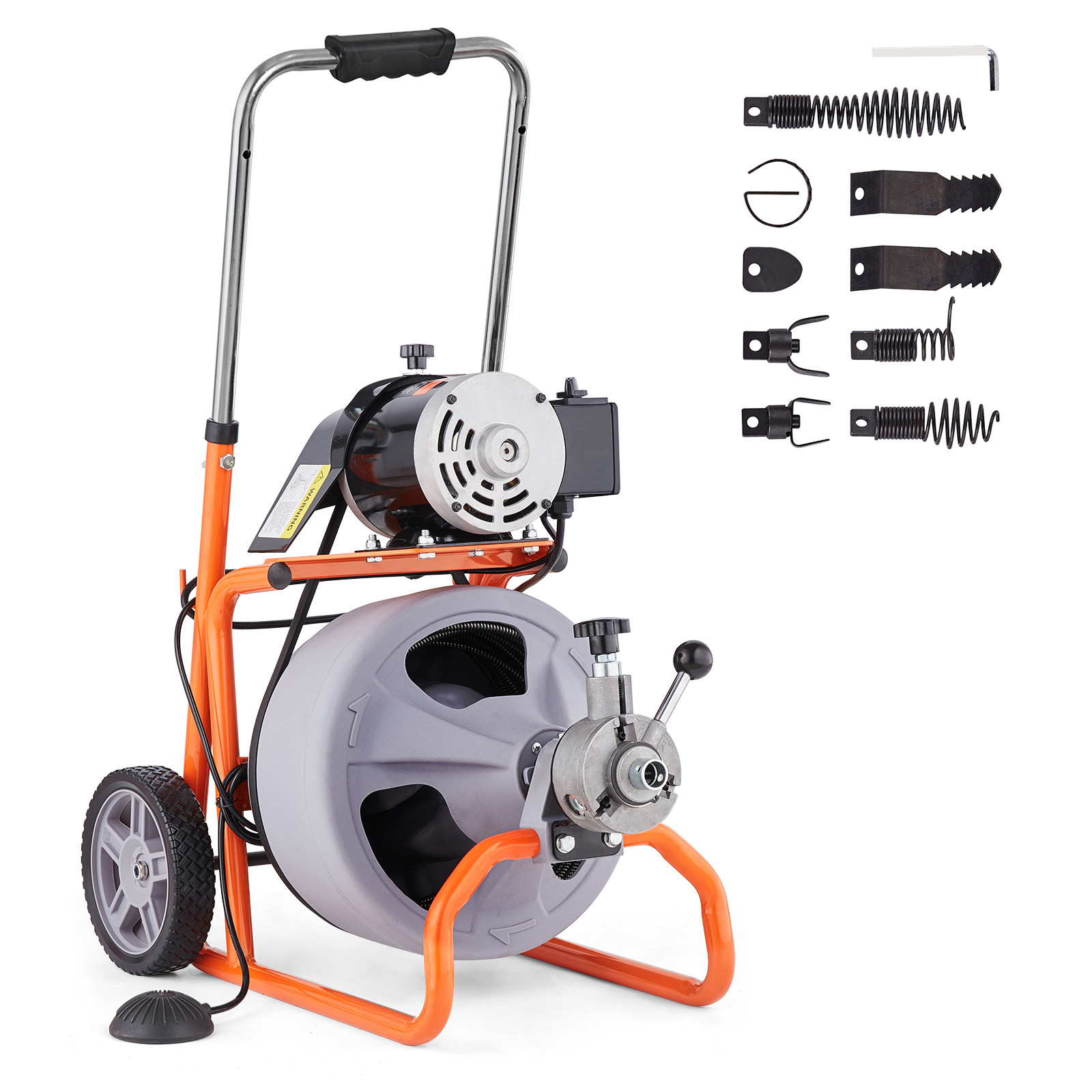 Drain Cleaner Machine 75FT x 3/8 Inch Auto Feed with Wheels & 8 Cutters