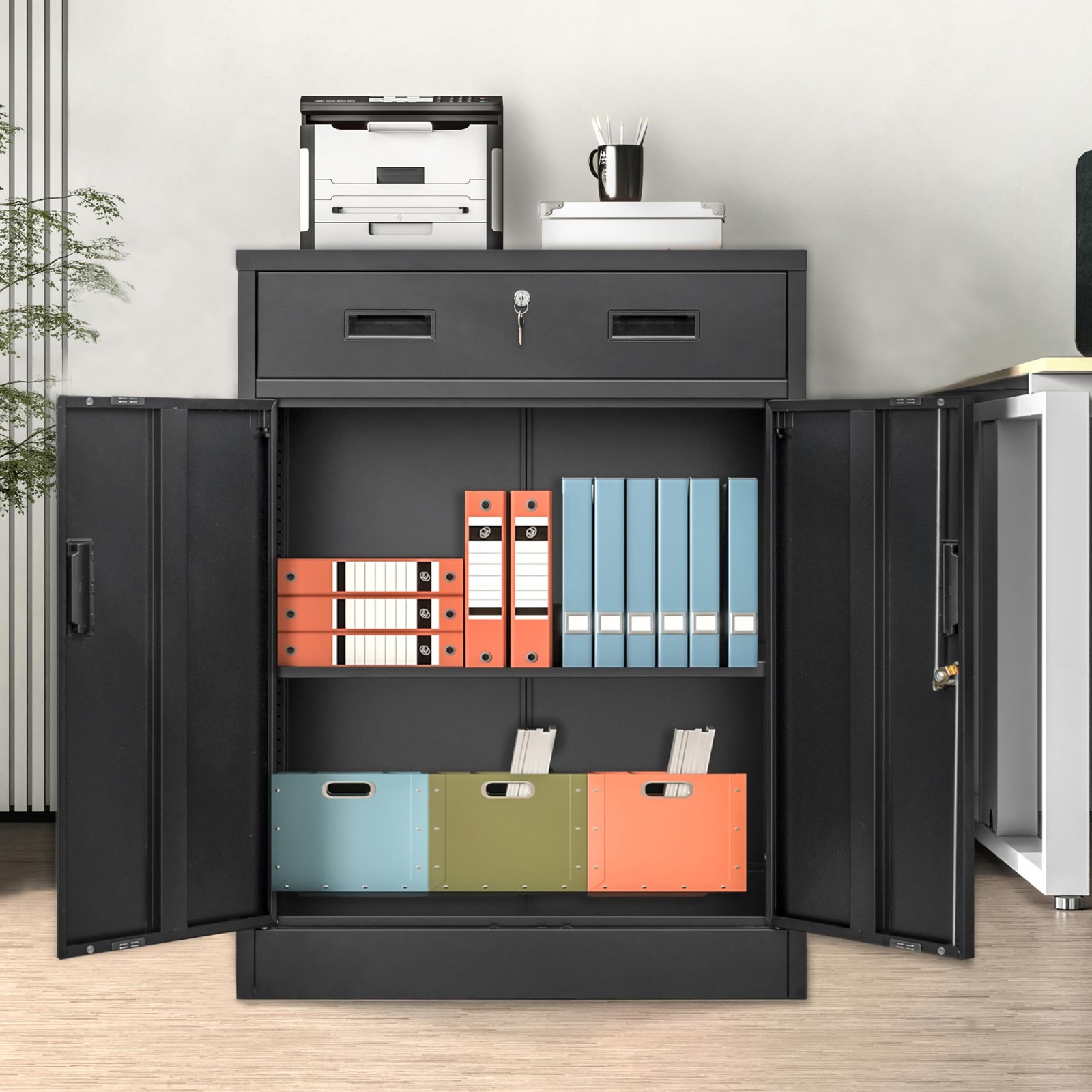 Metal Storage Cabinet, Locking Cabinet with One Drawer and Adjustable Shelf