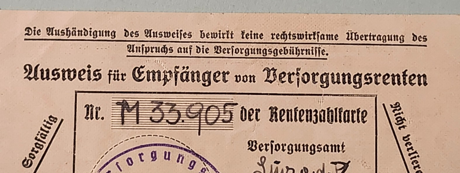 WW2 Germany. Identification card for pension benefits.