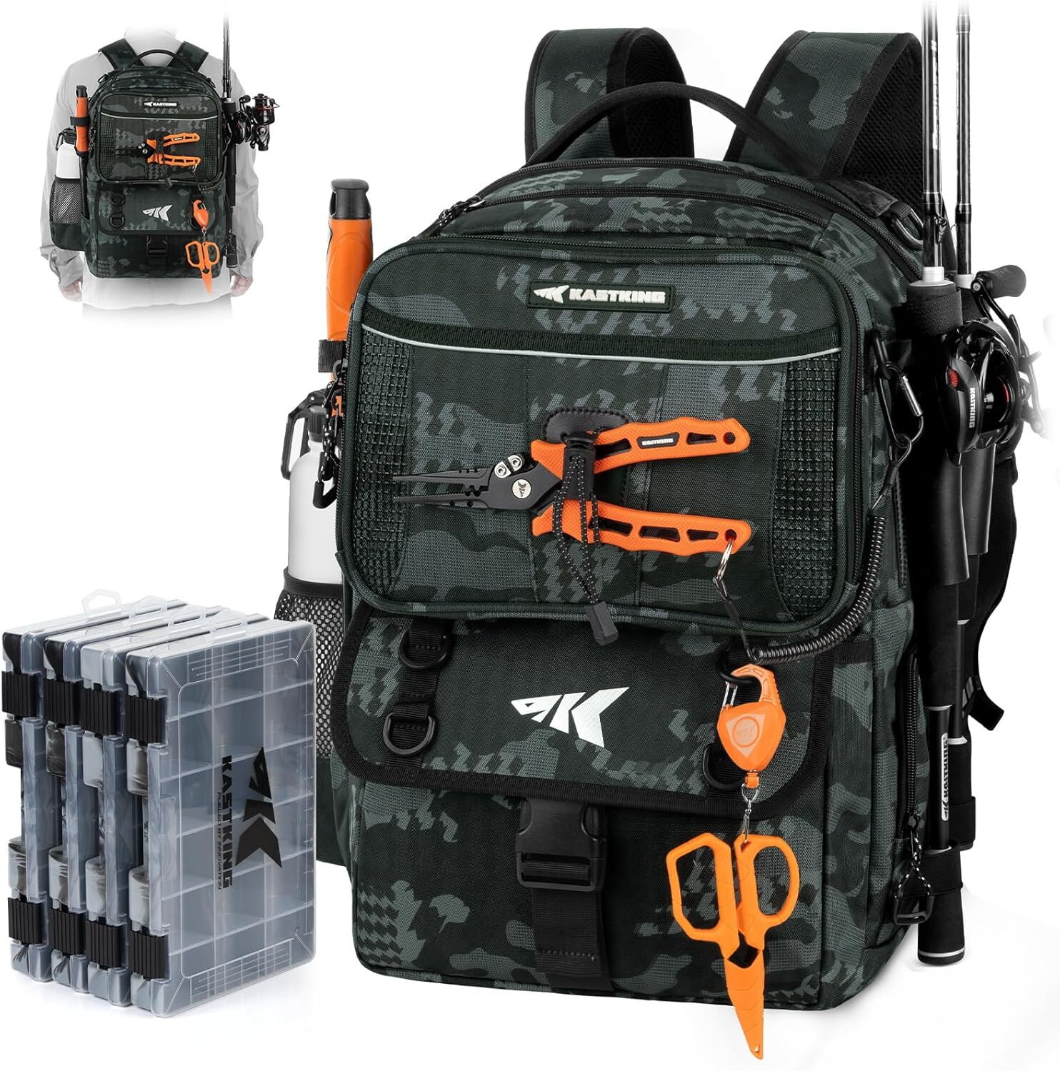 KastKing 50L Tackle Backpack Fishing Gear W/ 4 Boxes Bait Binder Rod Holders