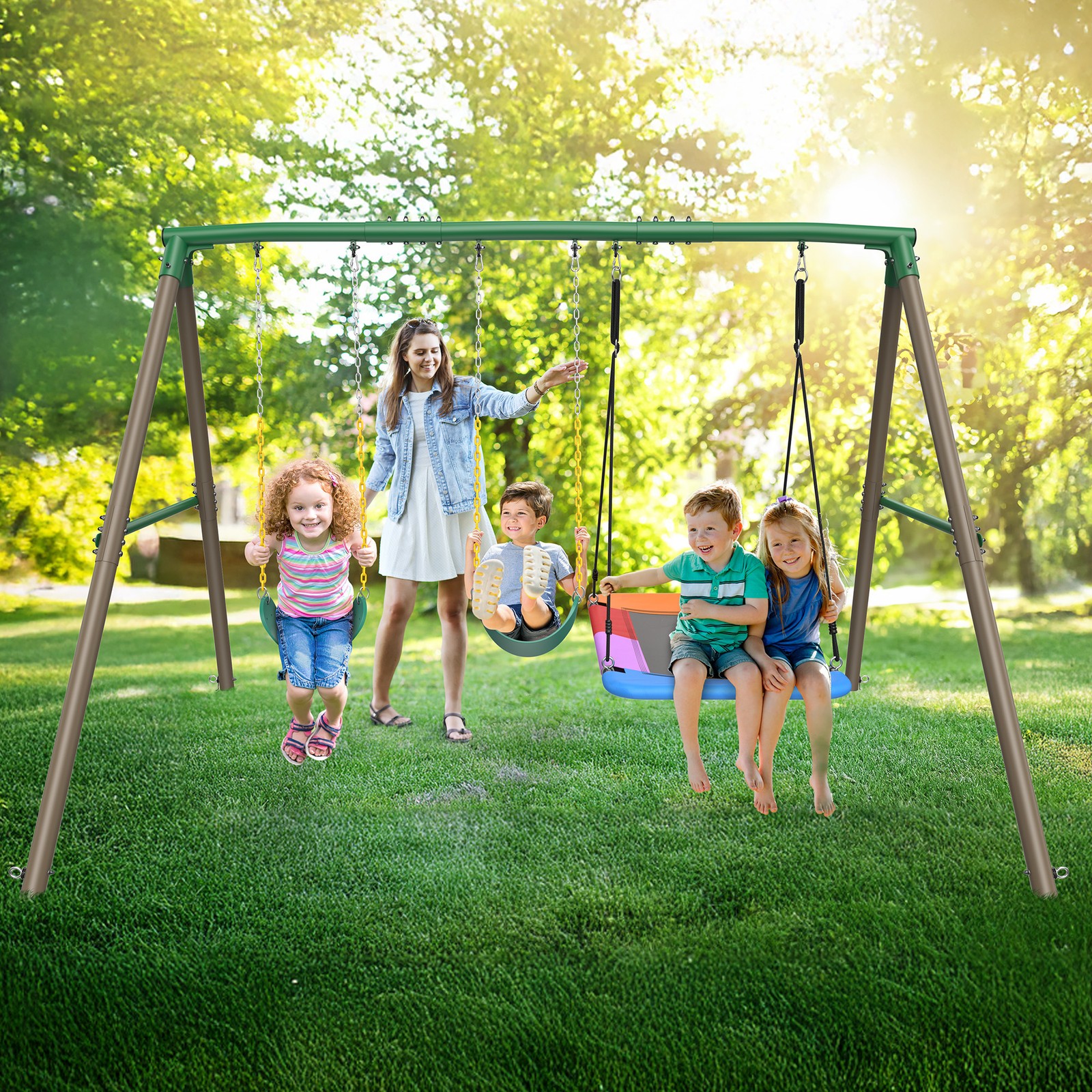 600lb 7.3ft Heavy Duty Frame Metal Swing Set w/3 Swings for Kids Outdoor Playset