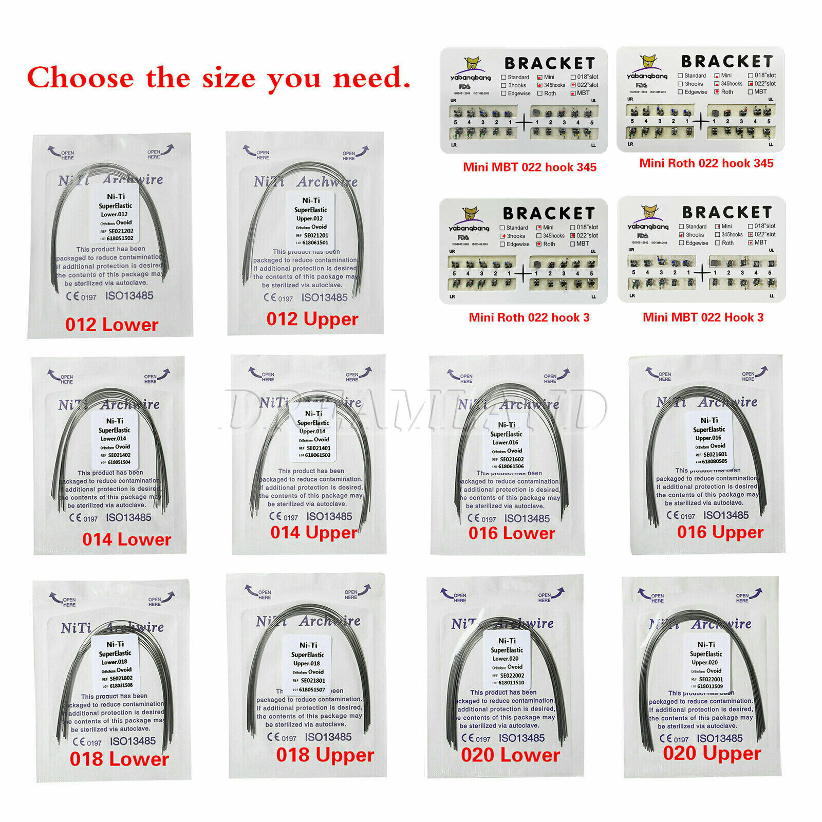 Dental Orthodontic Bracket Braces Roth/MBT 345 Hooks /Super Arch Wire Niti Round