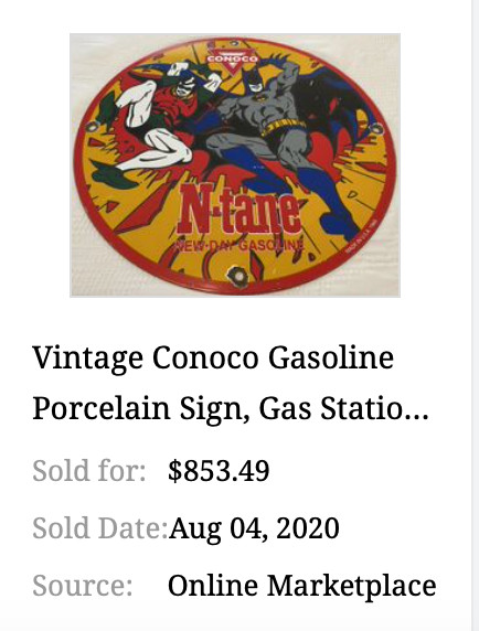 VINTAGE 1966 CONOCO GASOLINE W/ BATMAN & ROBIN 11 3/4" PORCELAIN METAL OIL SIGN!
