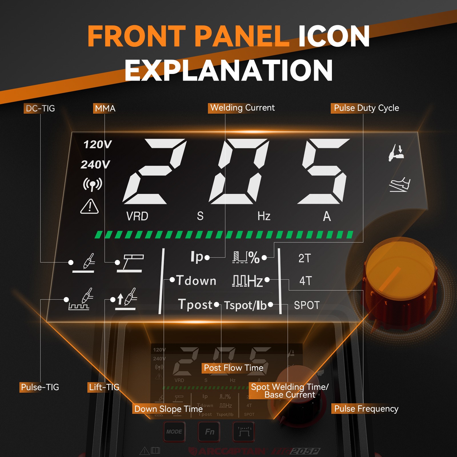 ARCCAPTAIN iControl TIG 205 Pro 5 In 1 Cold Spot Stick/TIG Welder 120V/240V